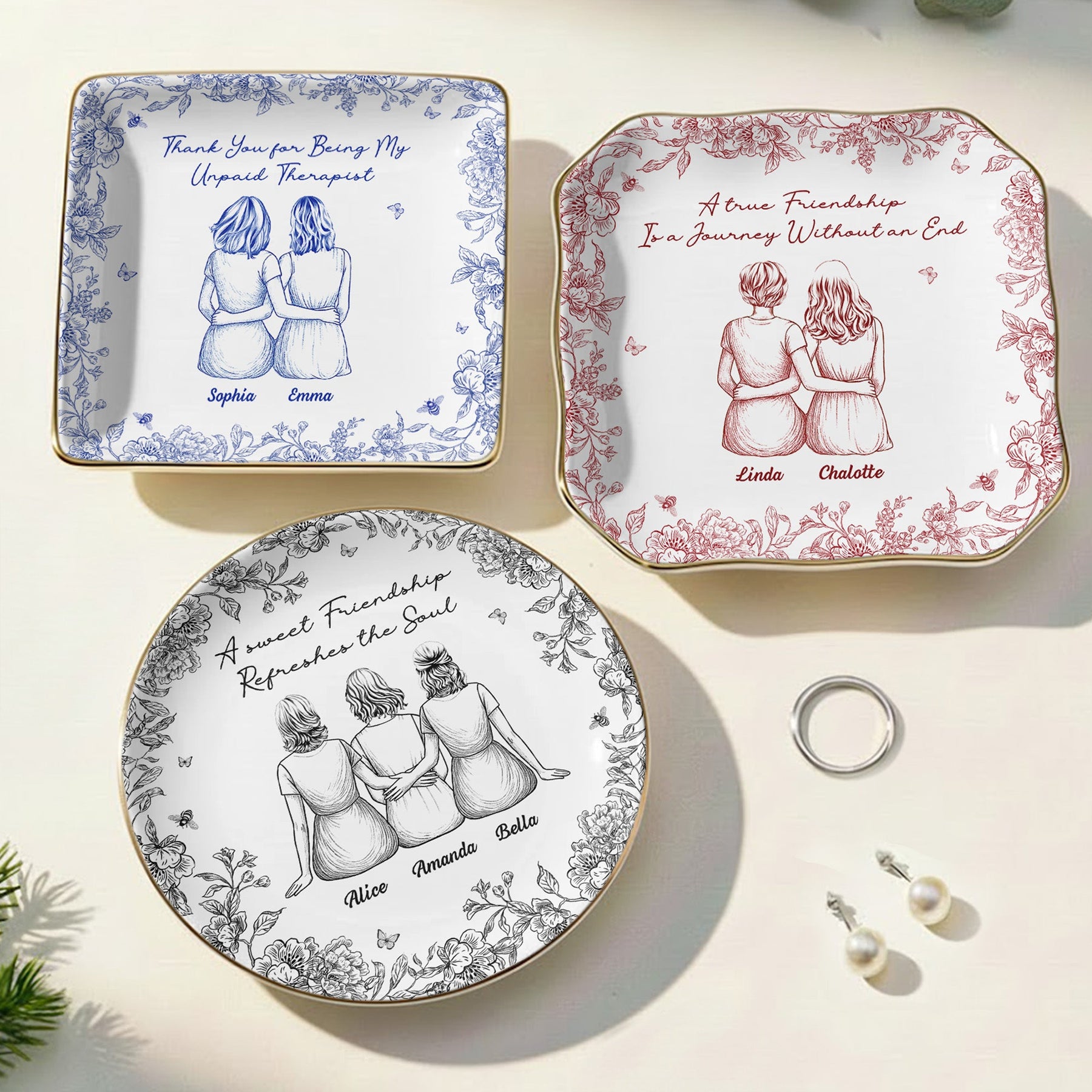 Toile De Jouy Besties - Thank You Gifts For Best Friends - Personalized Jewelry Dish