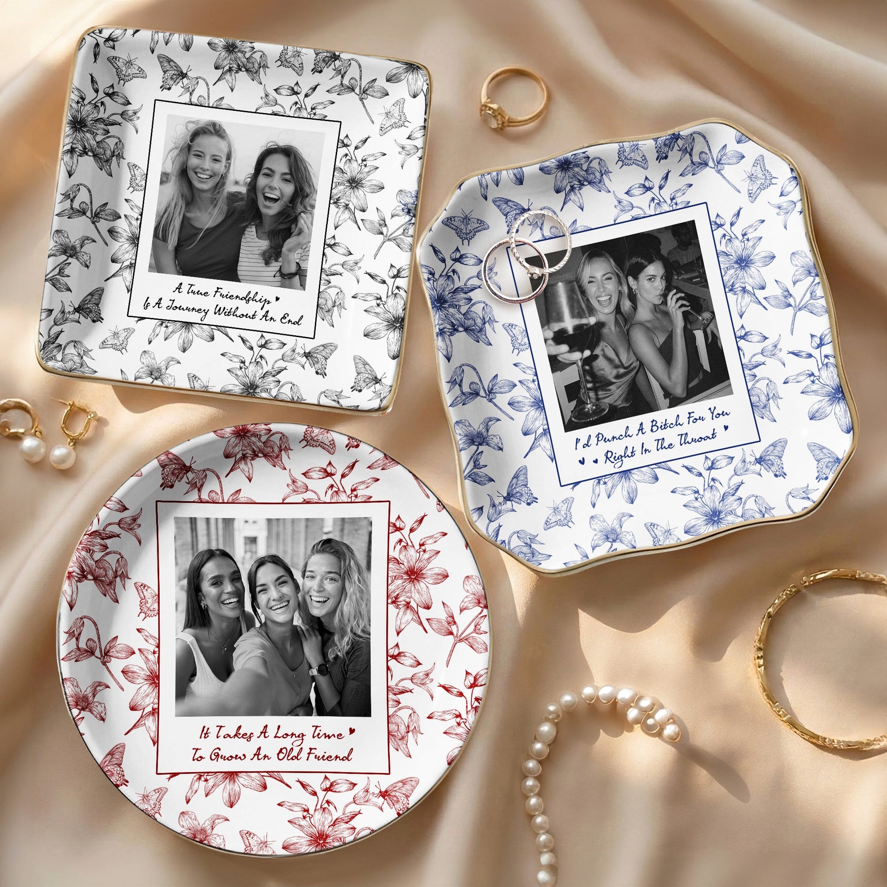 Toile De Jouy Photo Trinket Tray For Best Friend Friendship Thank You Gifts - Personalized Jewelry Dish