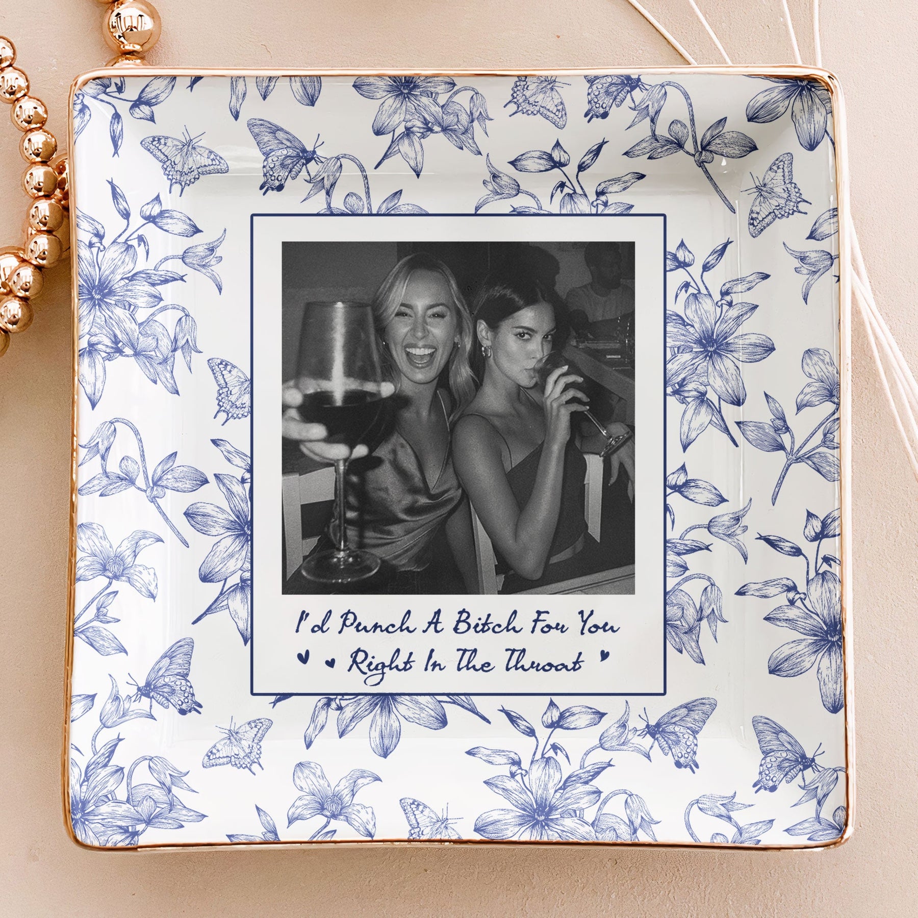 Toile De Jouy Photo Trinket Tray For Best Friend Friendship Thank You Gifts - Personalized Jewelry Dish