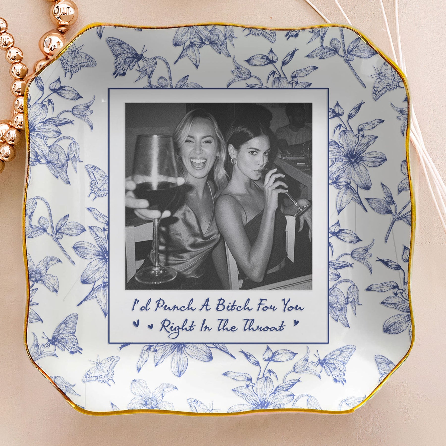 Toile De Jouy Photo Trinket Tray For Best Friend Friendship Thank You Gifts - Personalized Jewelry Dish