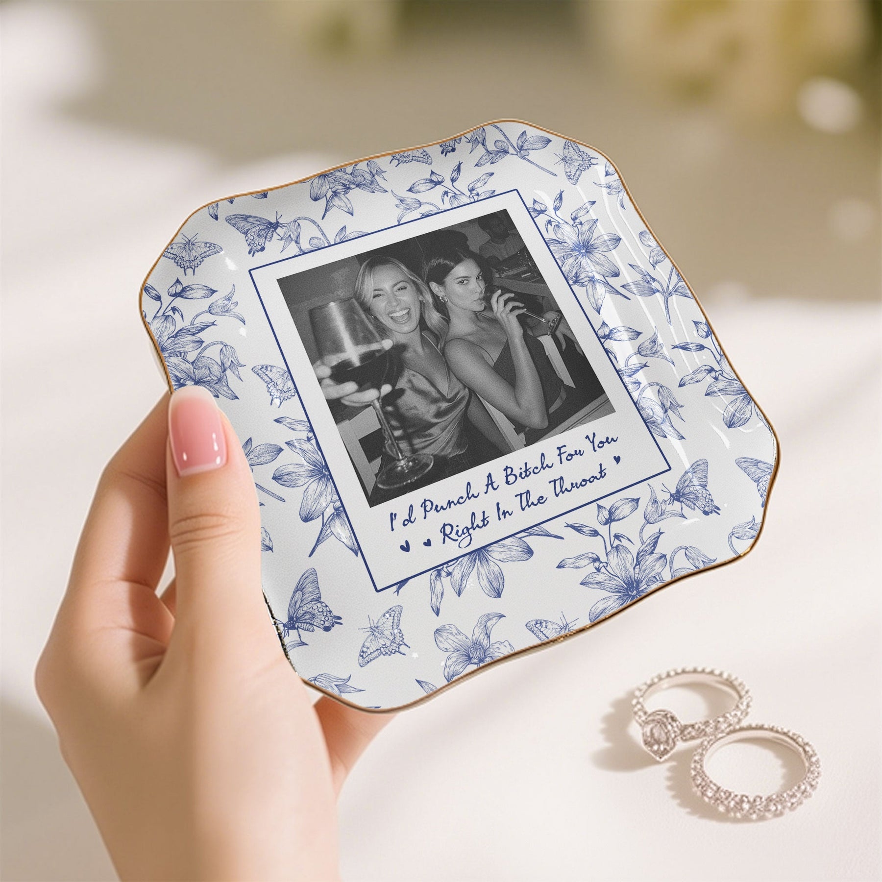 Toile De Jouy Photo Trinket Tray For Best Friend Friendship Thank You Gifts - Personalized Jewelry Dish