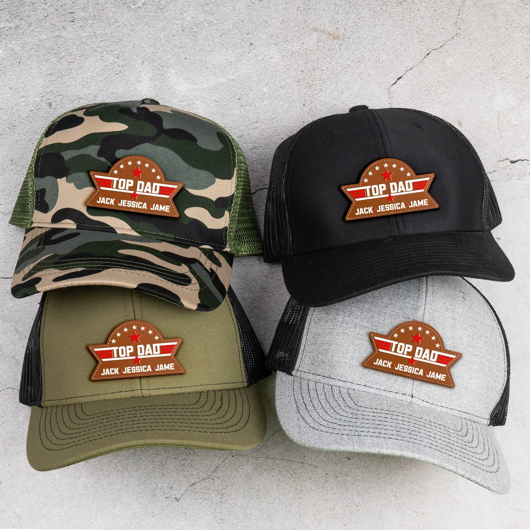 Top Dad, Grandpa, Papa - With Kids' Names - Personalized Leather Patch Hat