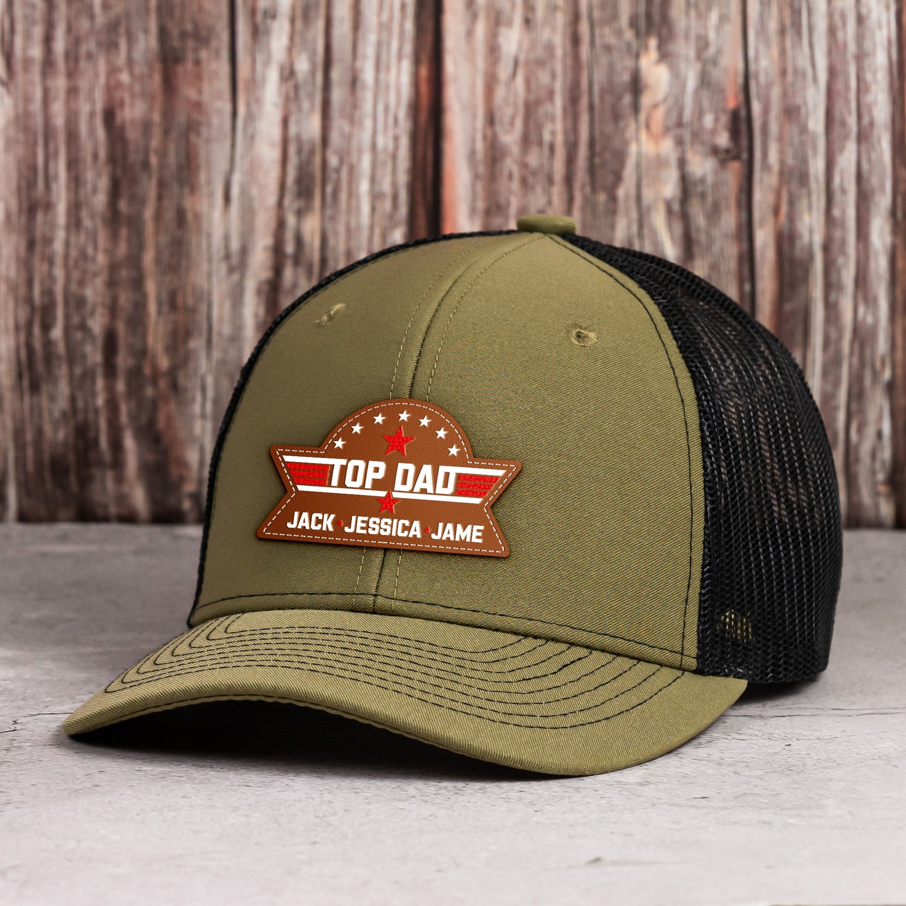 Top Dad, Grandpa, Papa - With Kids' Names - Personalized Leather Patch Hat