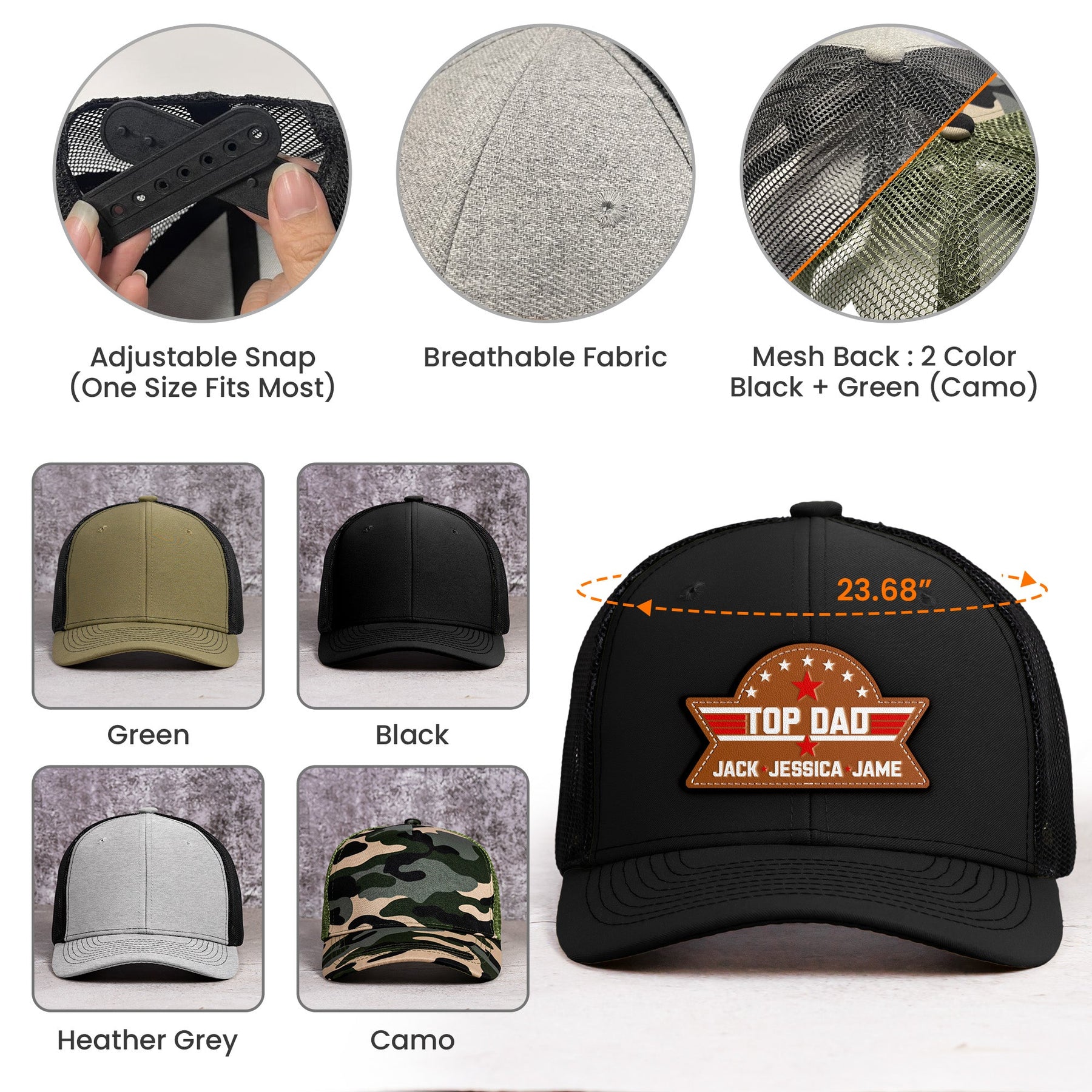 Top Dad, Grandpa, Papa - With Kids' Names - Personalized Leather Patch Hat