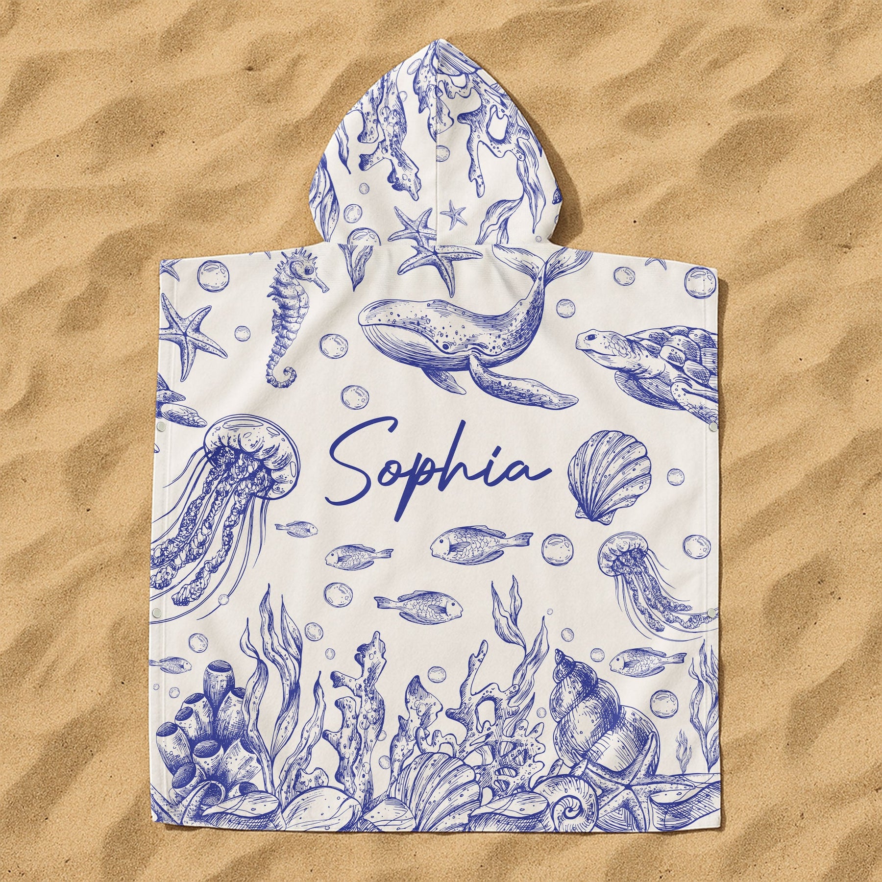 Under The Sea Toile De Jouy - Personalized Kids Hooded Towel