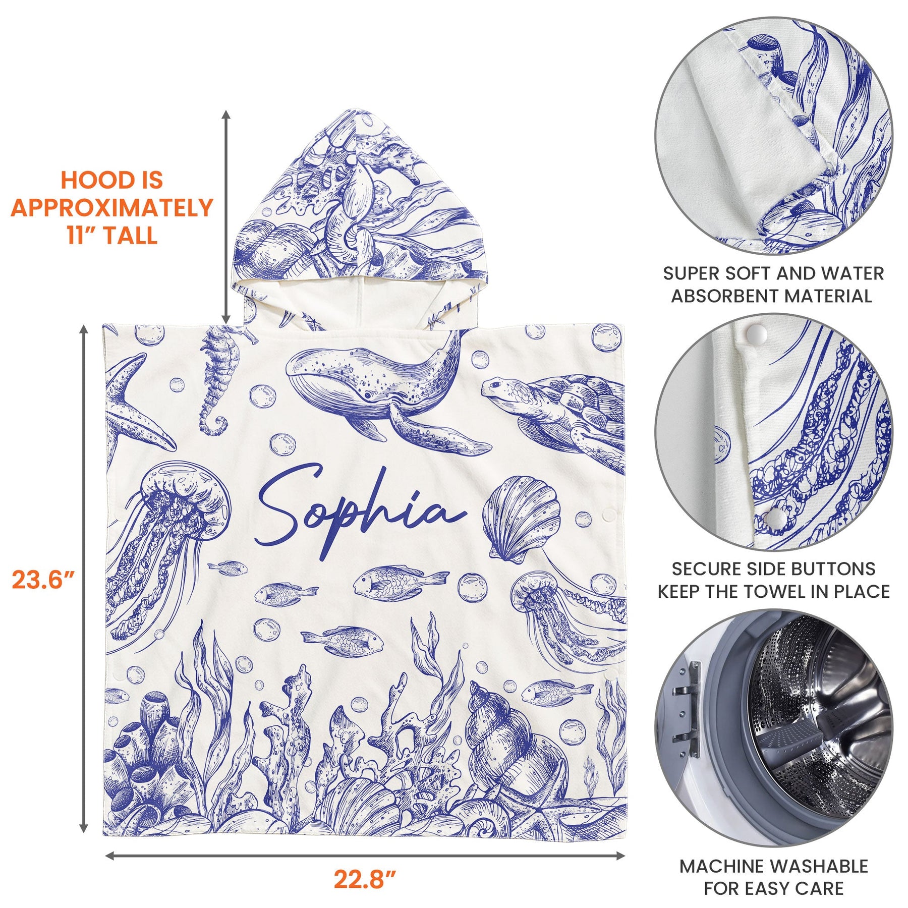 Under The Sea Toile De Jouy - Personalized Kids Hooded Towel