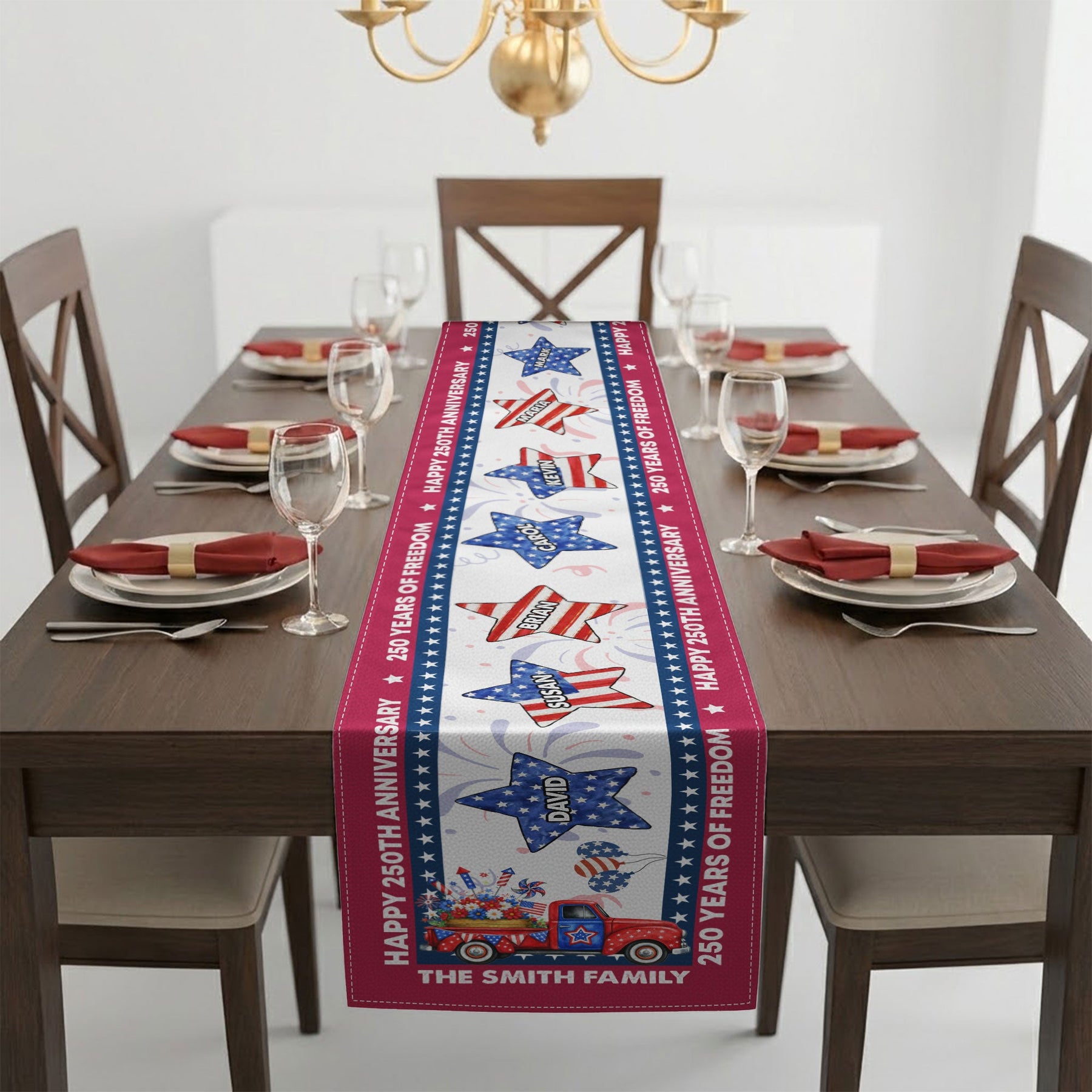USA 250th Birthday Custom Name Patriotic Star - Personalized Table Runner