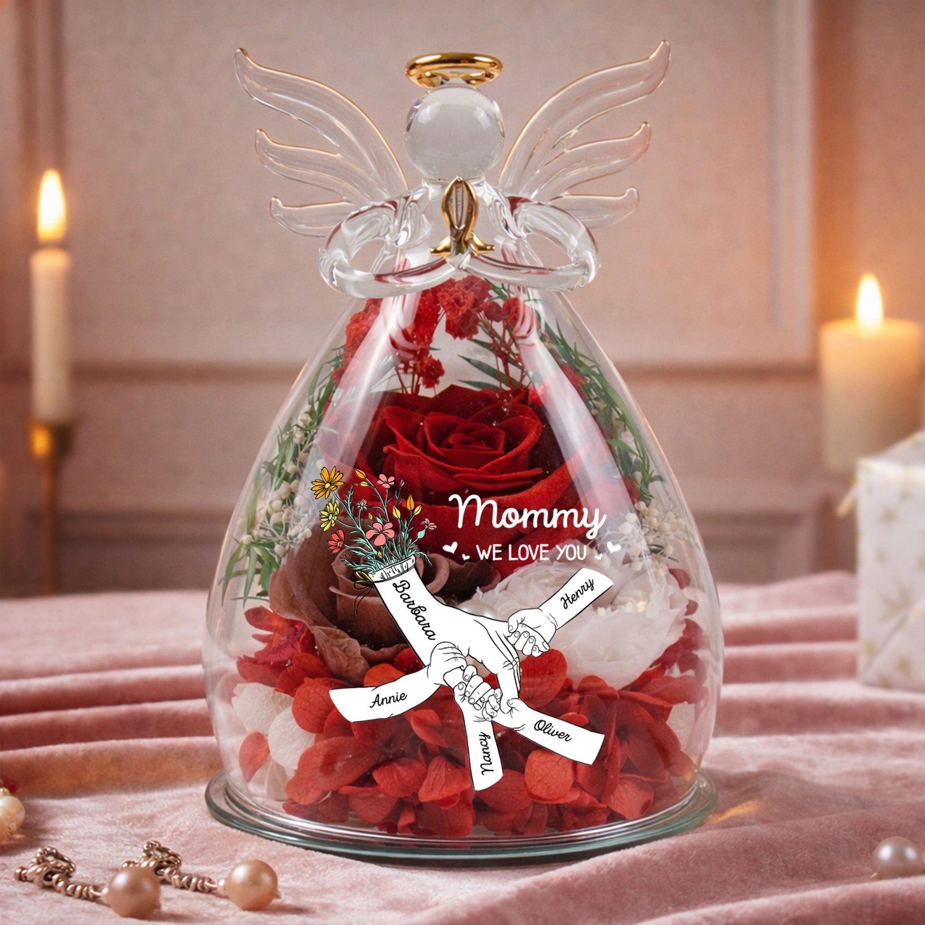 We Love You Mother's Day Gift For Wife, Mom, Grandma - Personalized Flower In Glass Angel Figurines