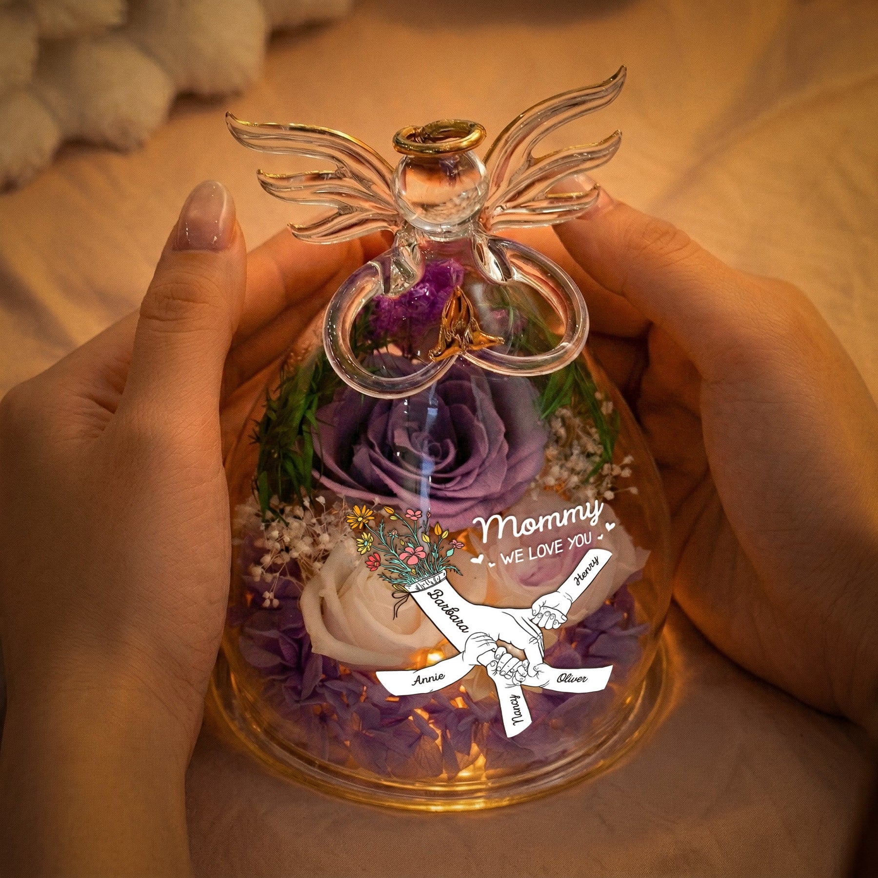 We Love You Mother's Day Gift For Wife, Mom, Grandma - Personalized Flower In Glass Angel Figurines