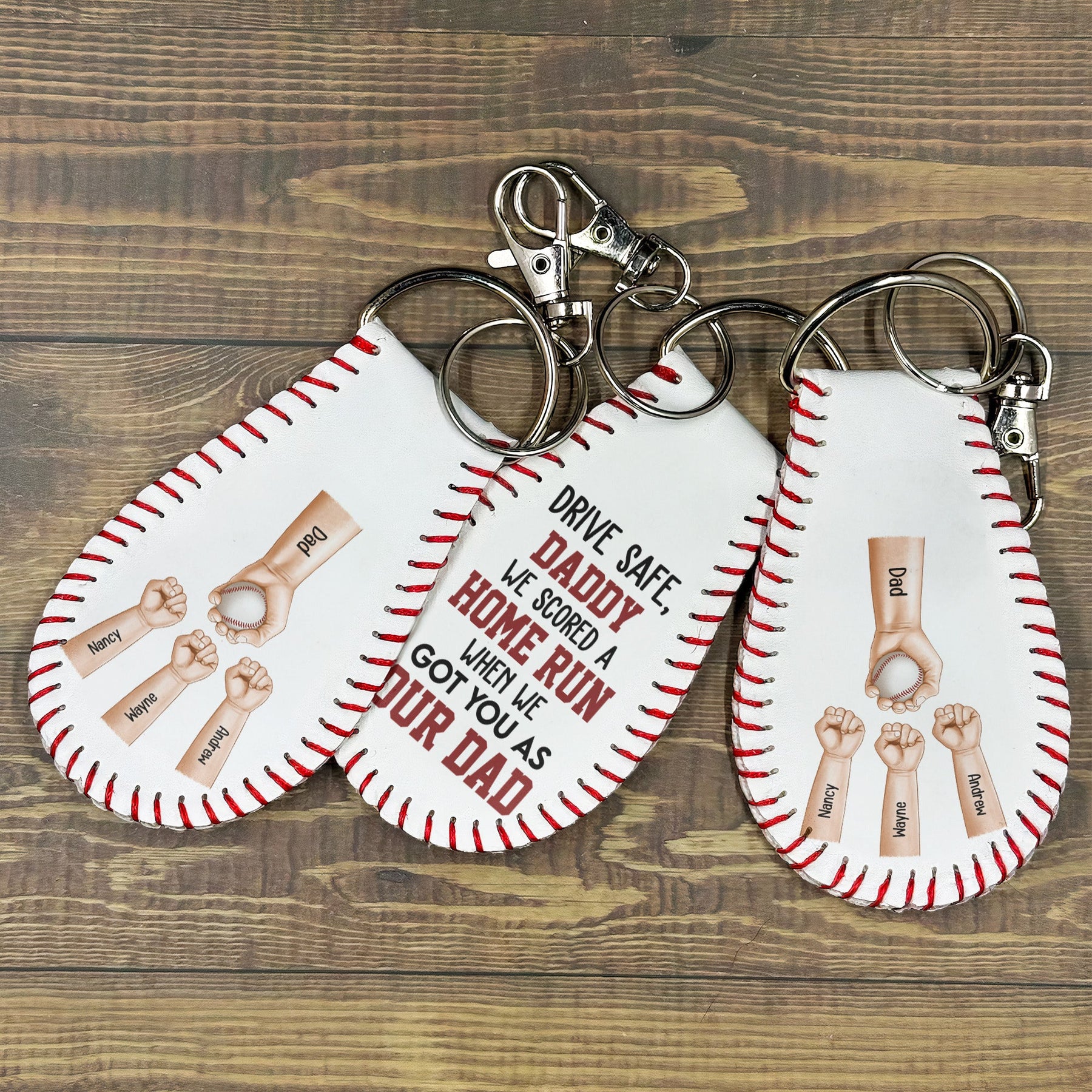 We Scored A Home Run When We Got You As Our Dad - Personalized Leather Baseball Keychain