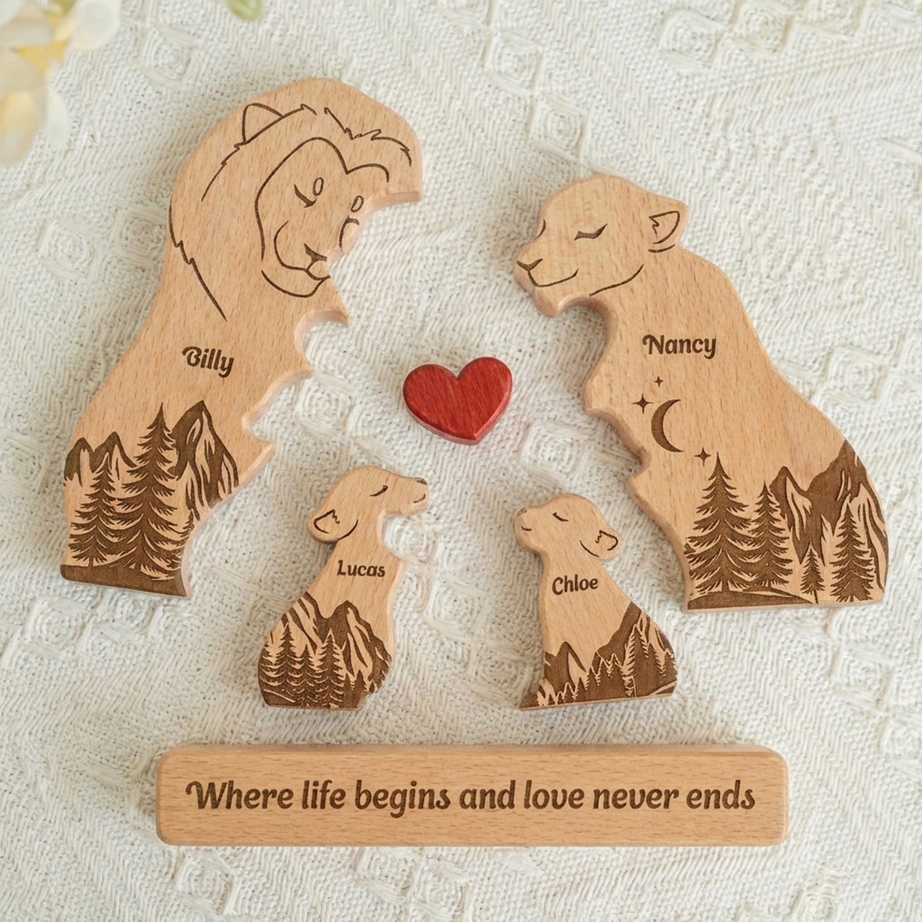 Where Life Begins And Love Never Ends Father's Day Gift - Personalized Wooden Lion Family Puzzle