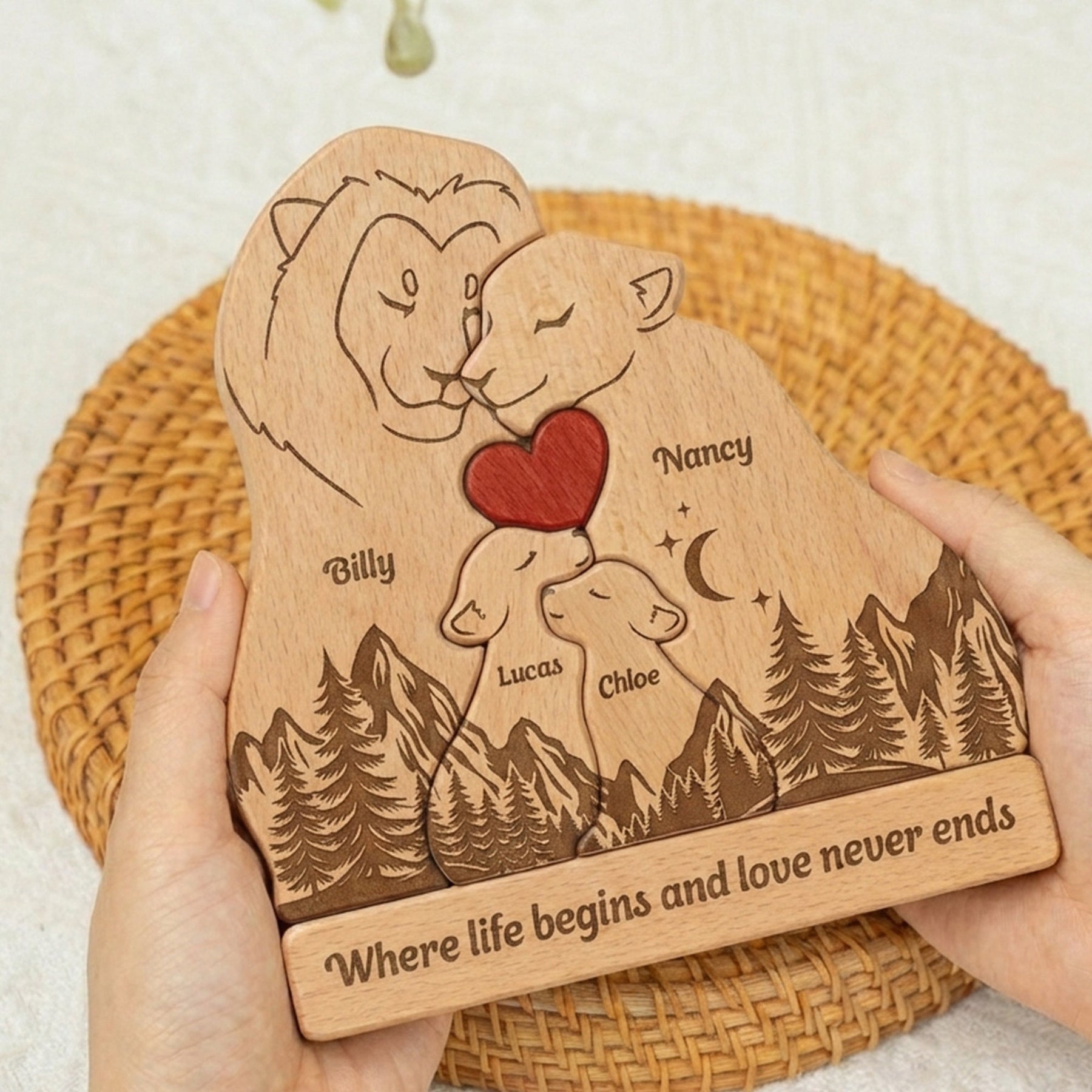 Where Life Begins And Love Never Ends Father's Day Gift - Personalized Wooden Lion Family Puzzle