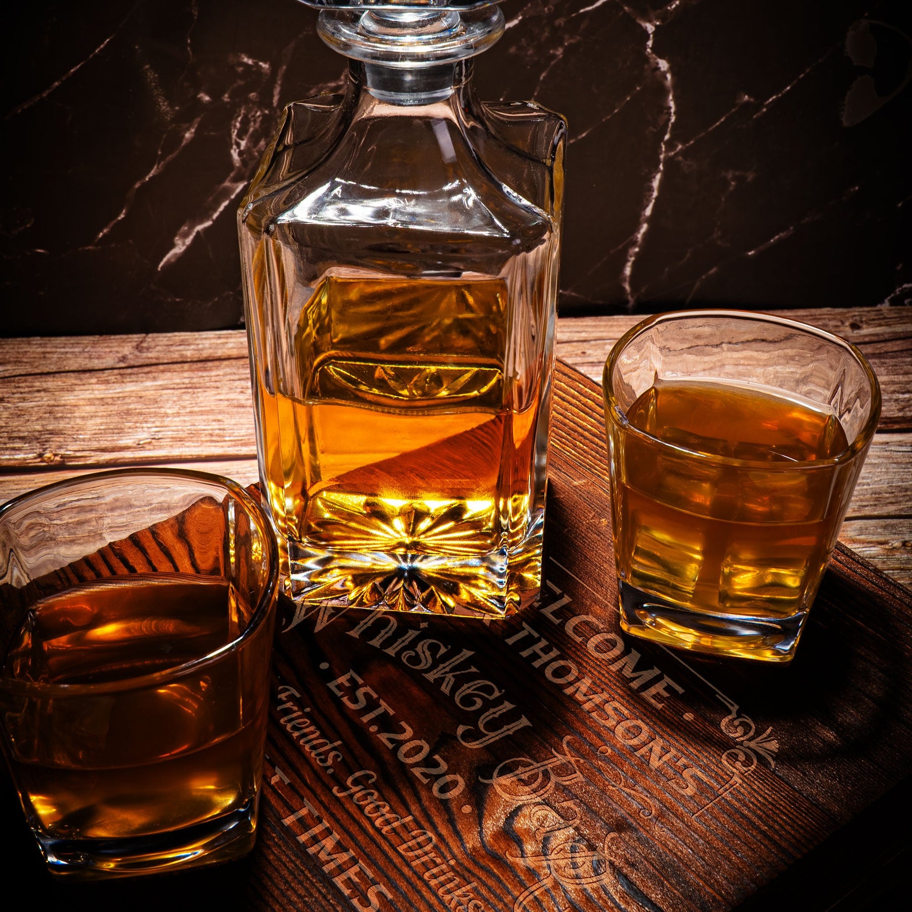 Whiskey Bar Man Cave - Rum, Gin, Bourbon Decors - Personalized Whiskey Decanter Set
