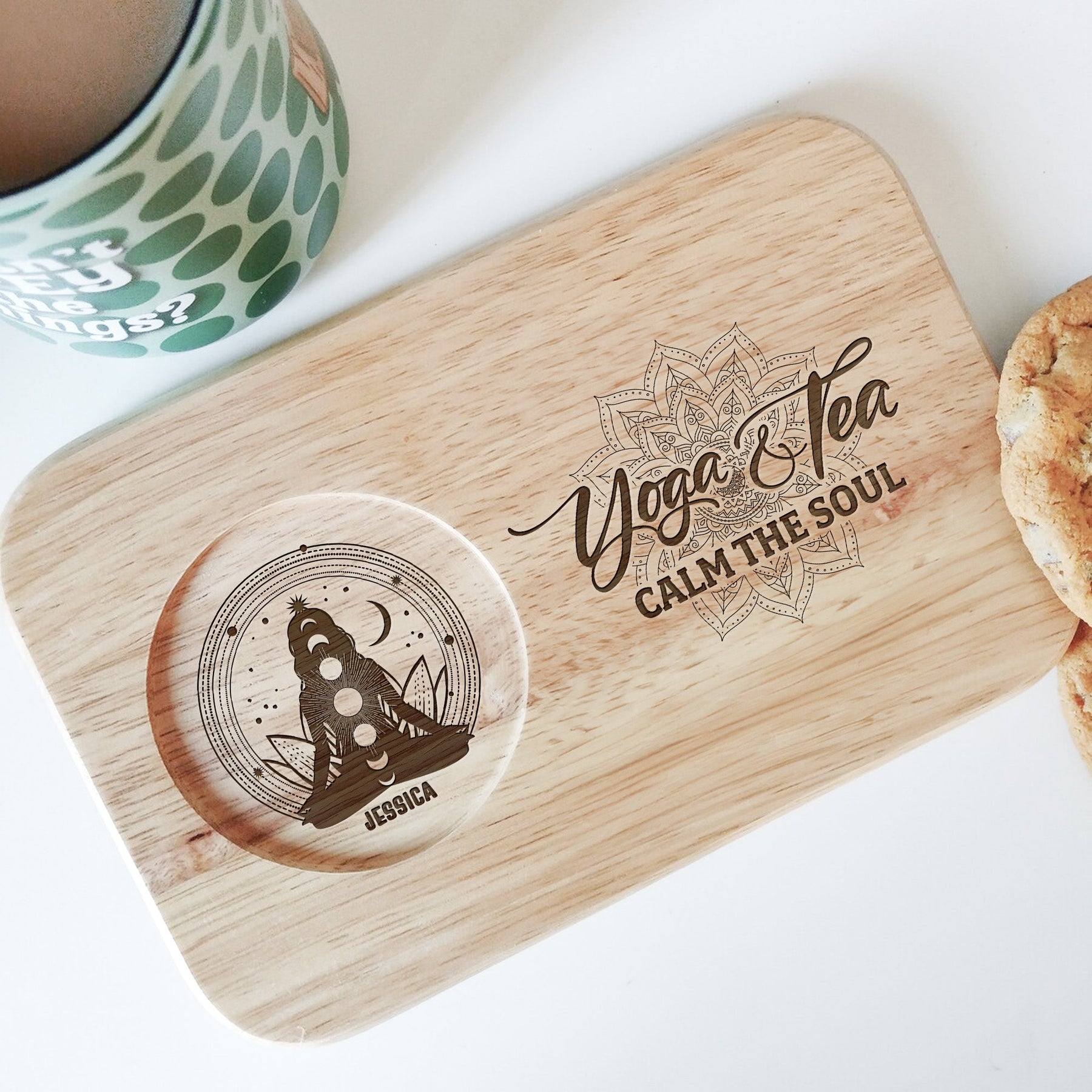 Yoga And Tea Calm The Soul - Custom Engraved Wooden Tea & Biscuit Board