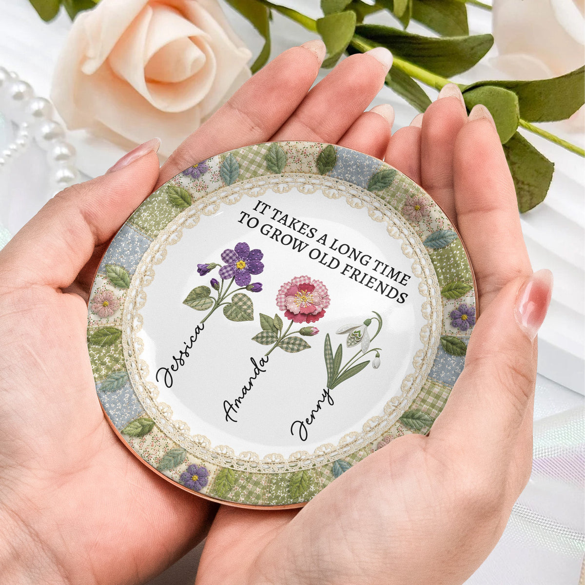 It Takes A Long Time Patchwork Birth Flower Print - Personalized Jewelry Dish