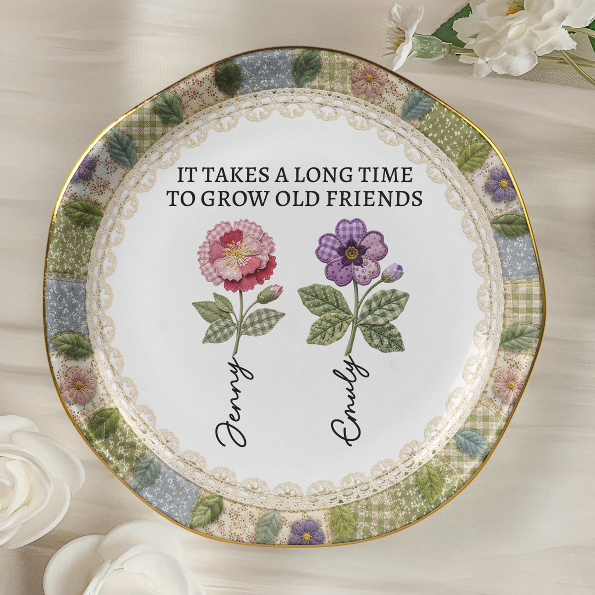 It Takes A Long Time Patchwork Birth Flower Print - Personalized Jewelry Dish