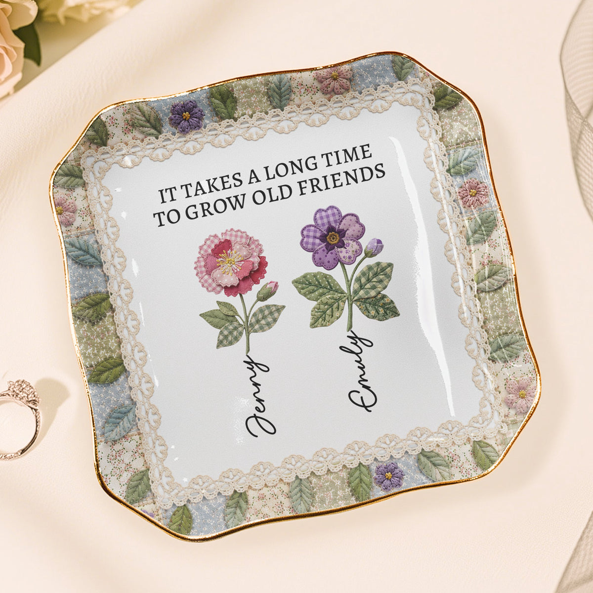 It Takes A Long Time Patchwork Birth Flower Print - Personalized Jewelry Dish