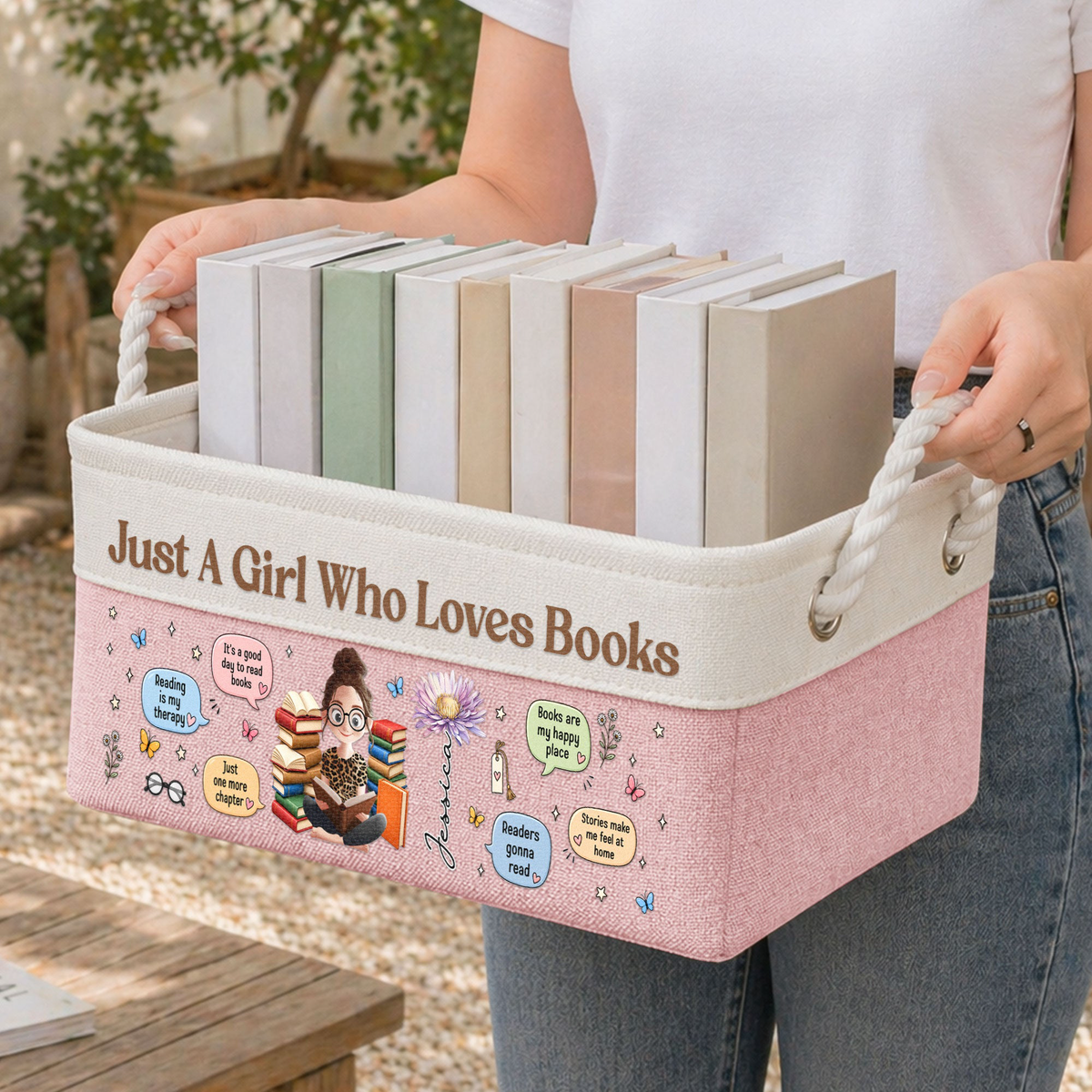 Just A Girl Who Loves Books Custom Name & Birth Flower - Personalized Storage Basket