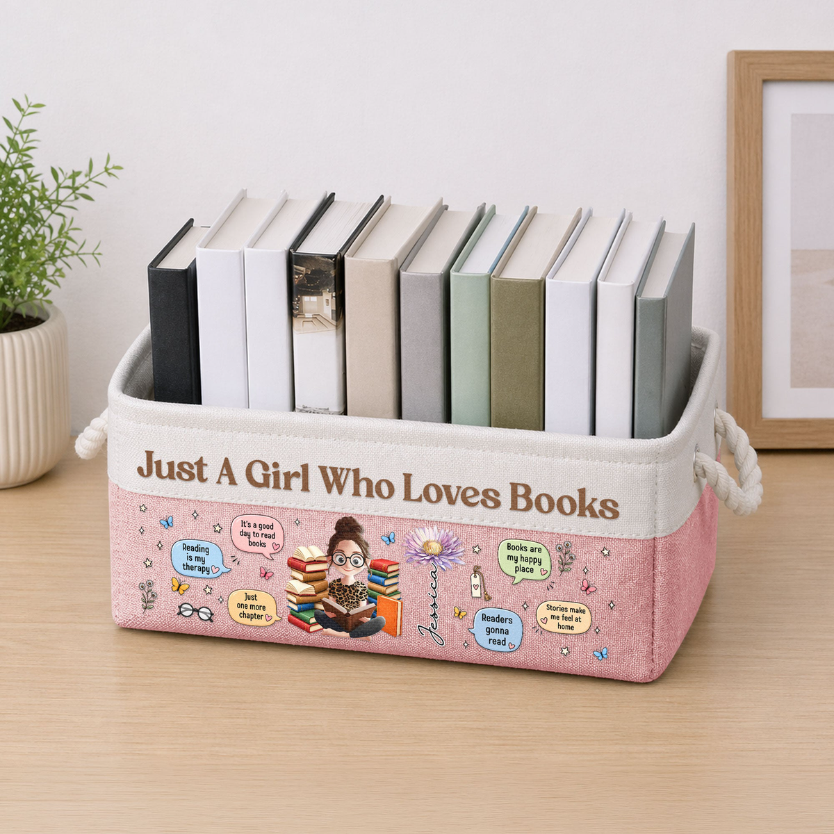 Just A Girl Who Loves Books Custom Name & Birth Flower - Personalized Storage Basket