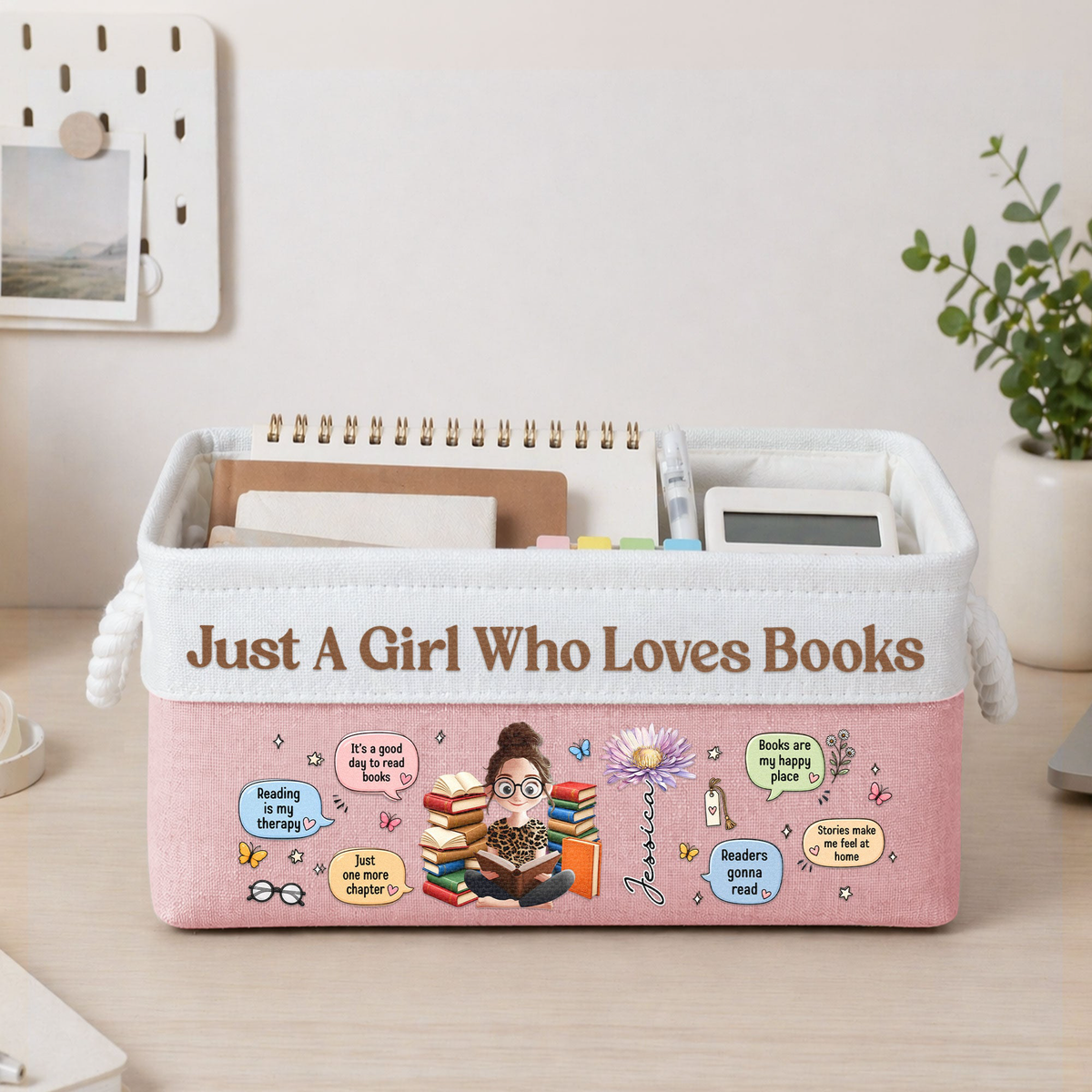Just A Girl Who Loves Books Custom Name & Birth Flower - Personalized Storage Basket