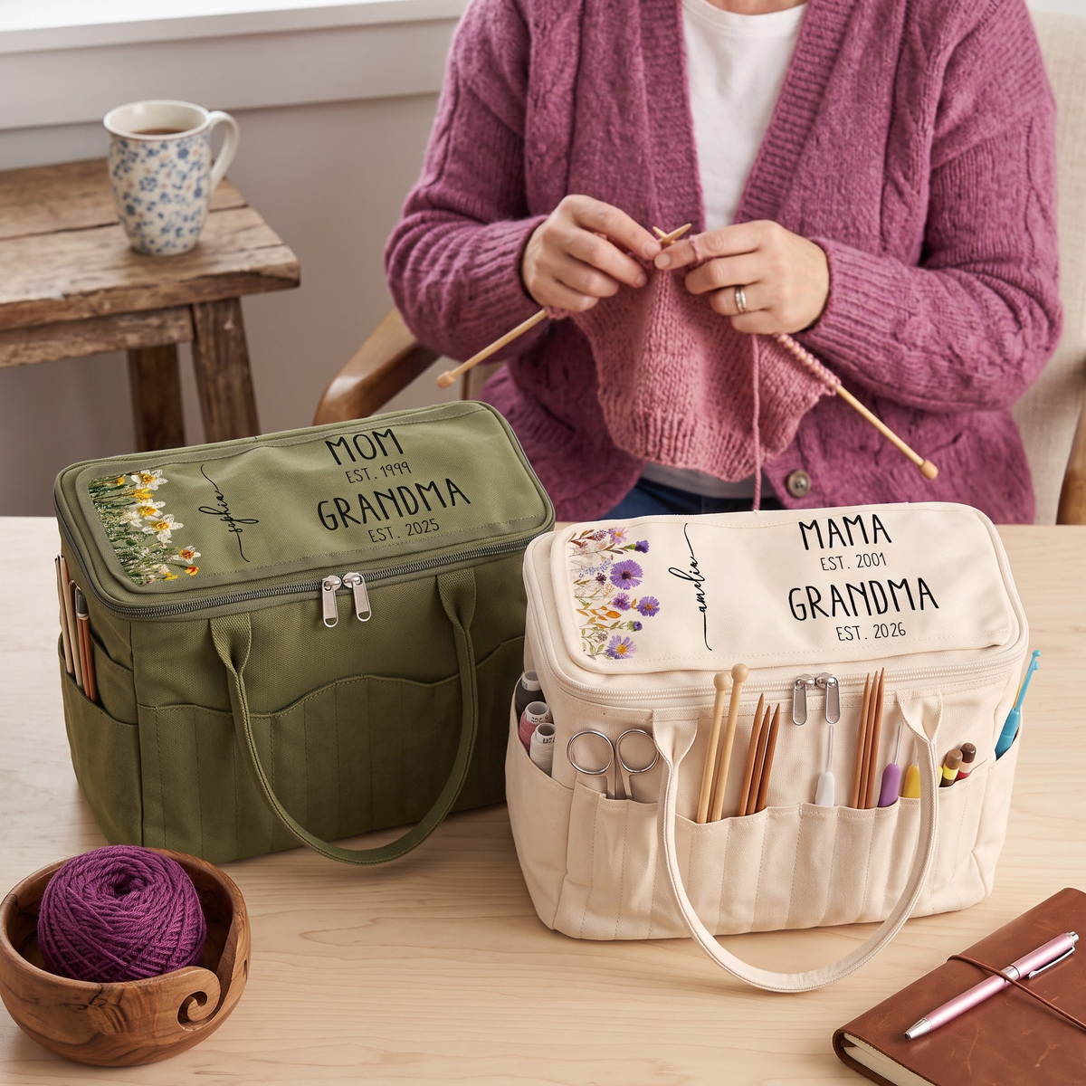 Mom Grandma Birth Flower - Personalized Knitting Bag