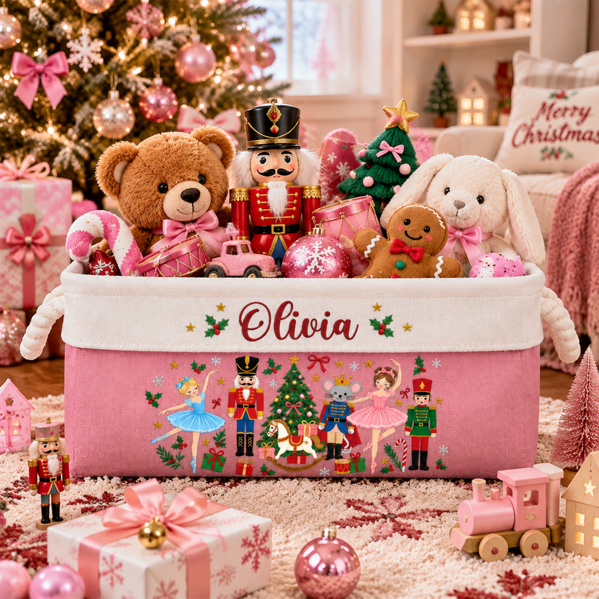 Nutcracker Christmas Custom Name Basket For Kids, Grandkids - Personalized Storage Basket