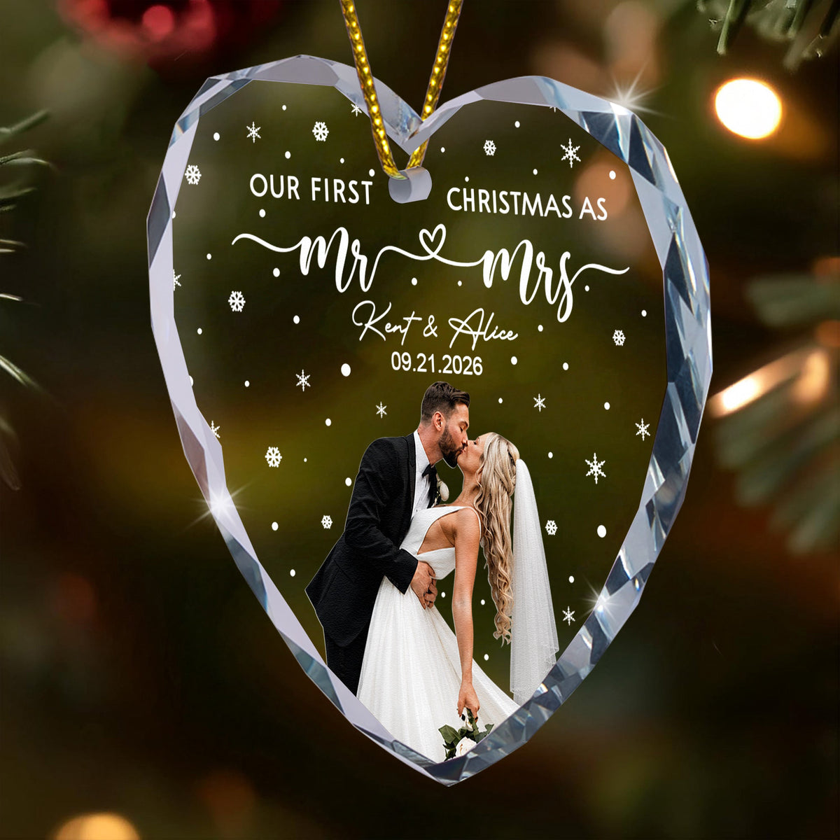 Our First Christmas As Mr & Mrs - Custom Newlywed Couple Photo - Heart Shaped - Personalized Ornament