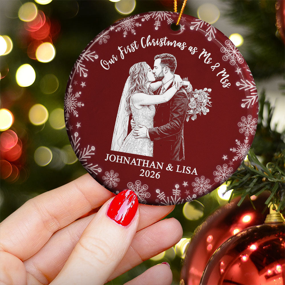 Our First Christmas Custom Couple Photo Sketch Line Art Christmas Gifts For Couple - Personalized Ornament