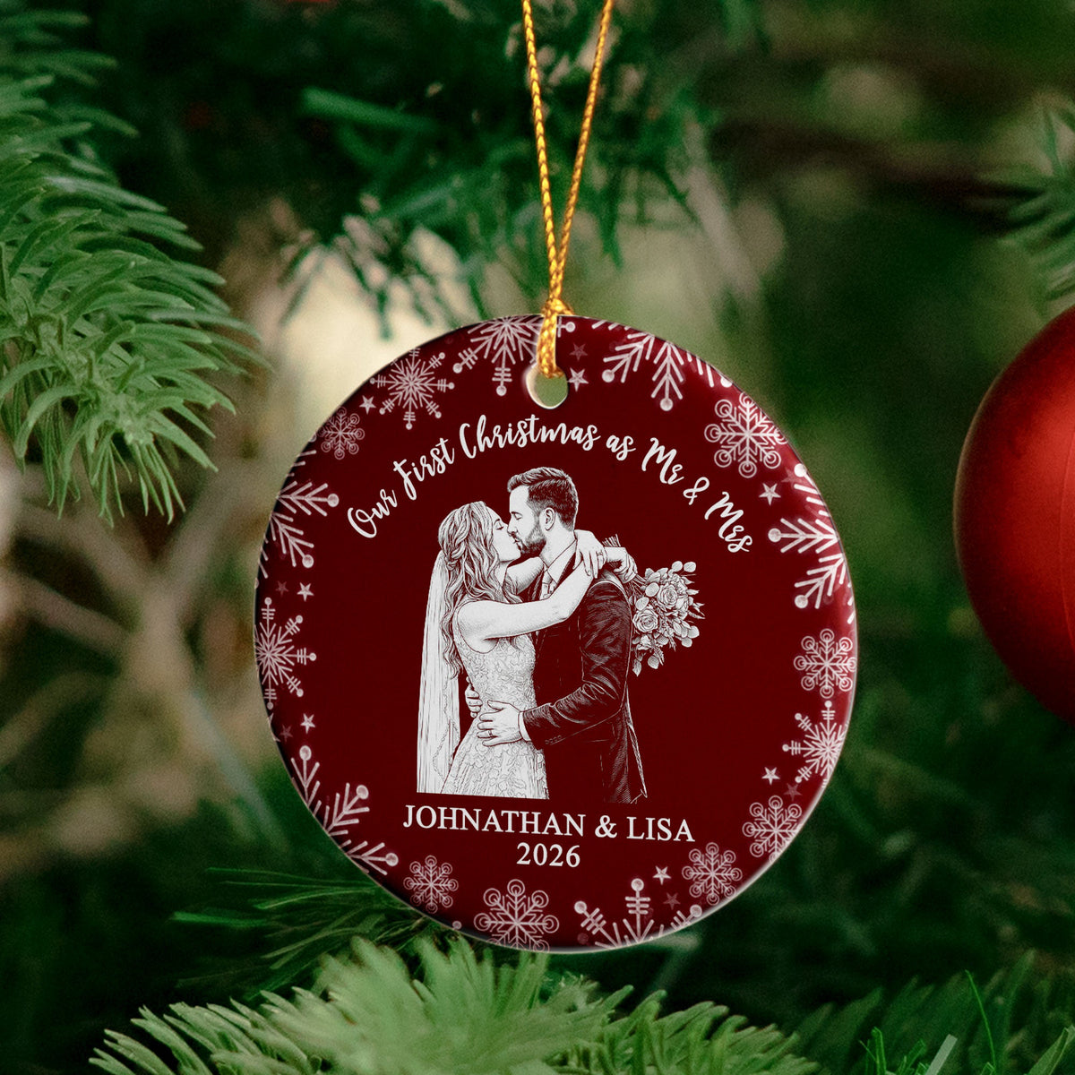 Our First Christmas Custom Couple Photo Sketch Line Art Christmas Gifts For Couple - Personalized Ornament