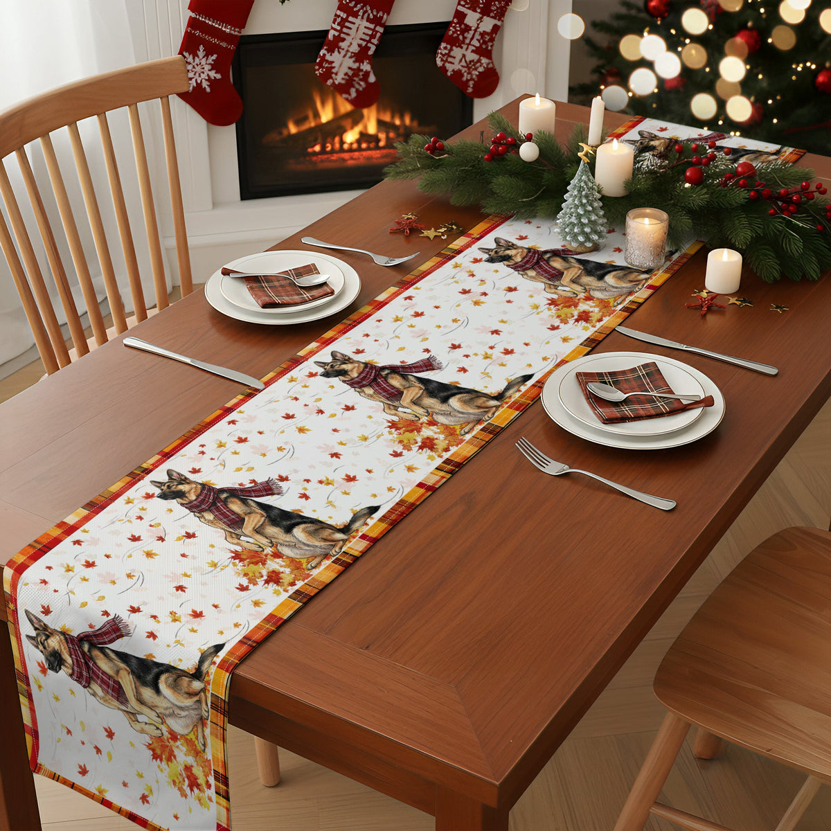 Pet With Fall Leaves Art Fall Decor - Personalized Table Runner