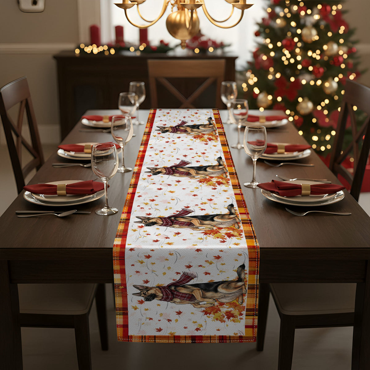 Pet With Fall Leaves Art Fall Decor - Personalized Table Runner
