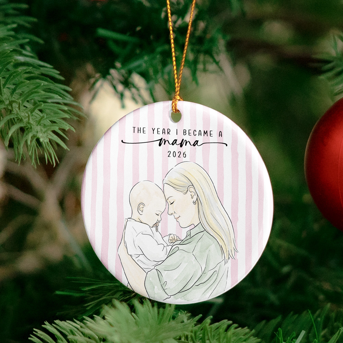 The Year I Became A Mama Watercolor Style - Personalized Ornament