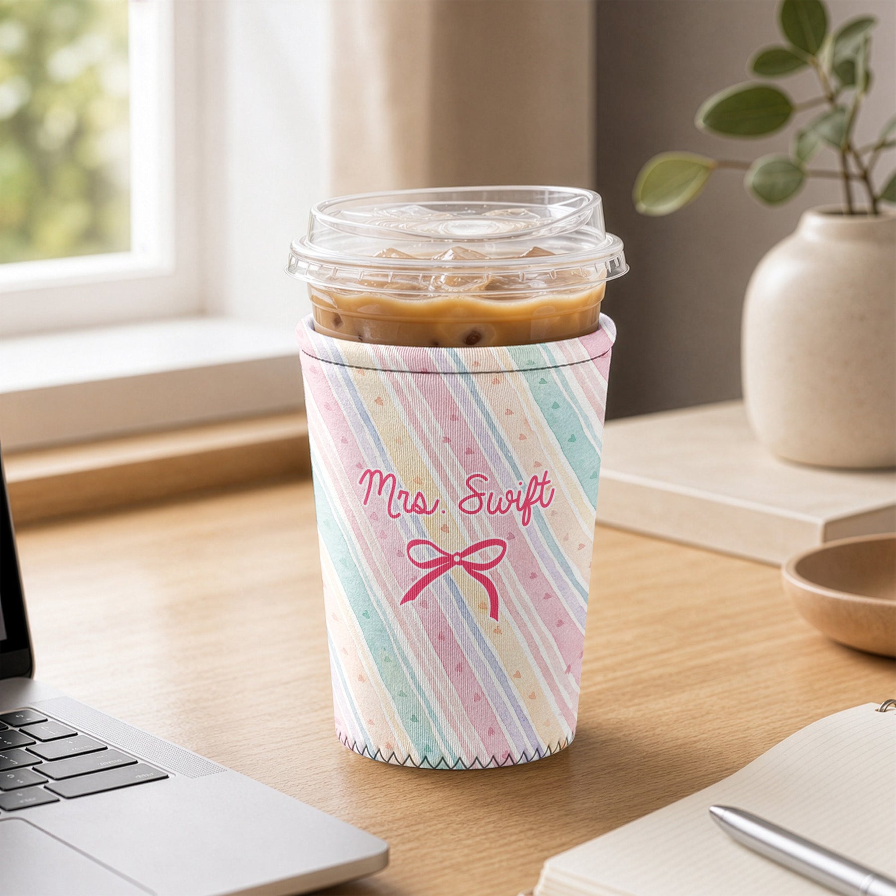 Watercolor Floral Stripe Pattern - Personalized Iced Coffee Sleeve