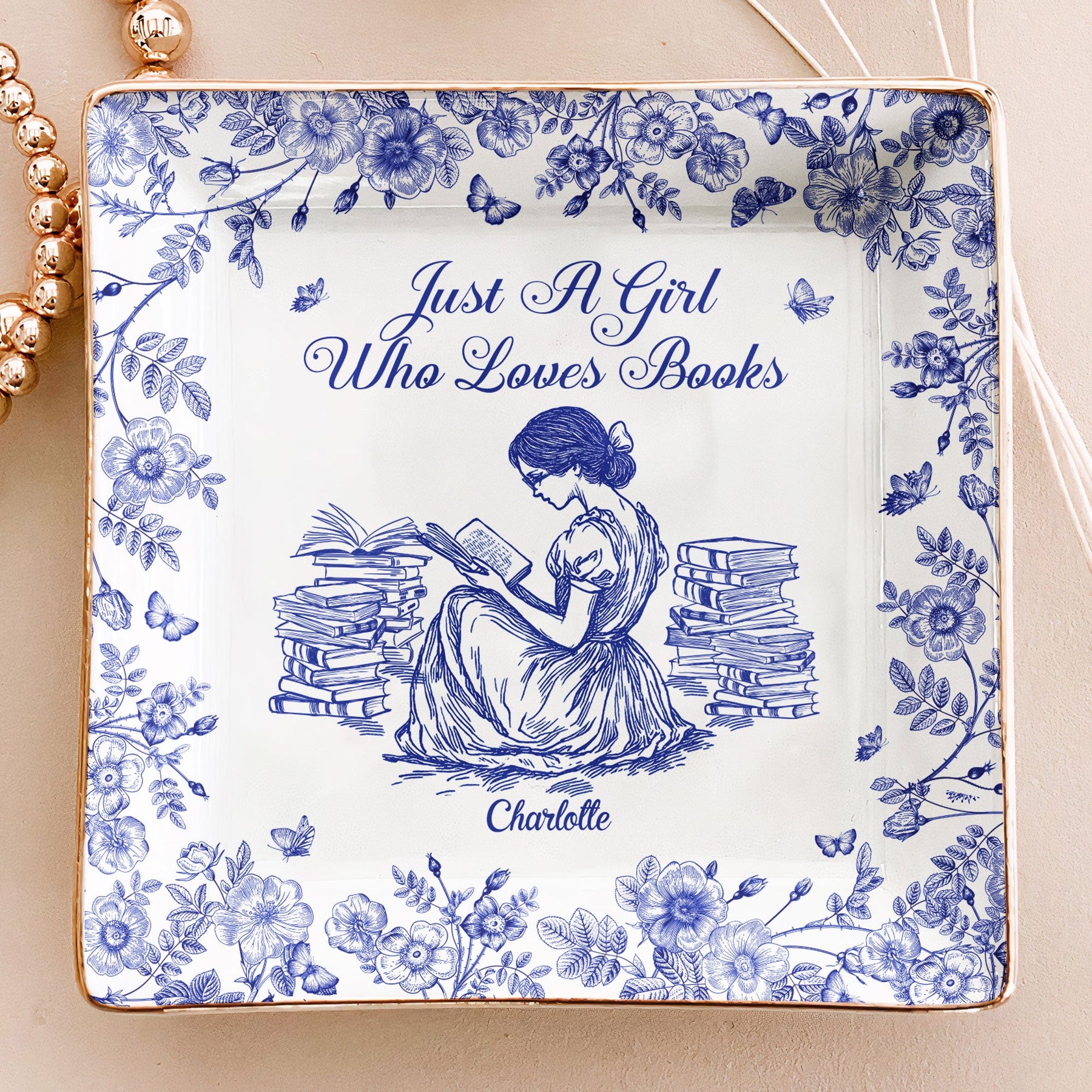 A Girl Who Loves Books Chinoiserie Toile De Jouy - Personalized Jewelry Dish