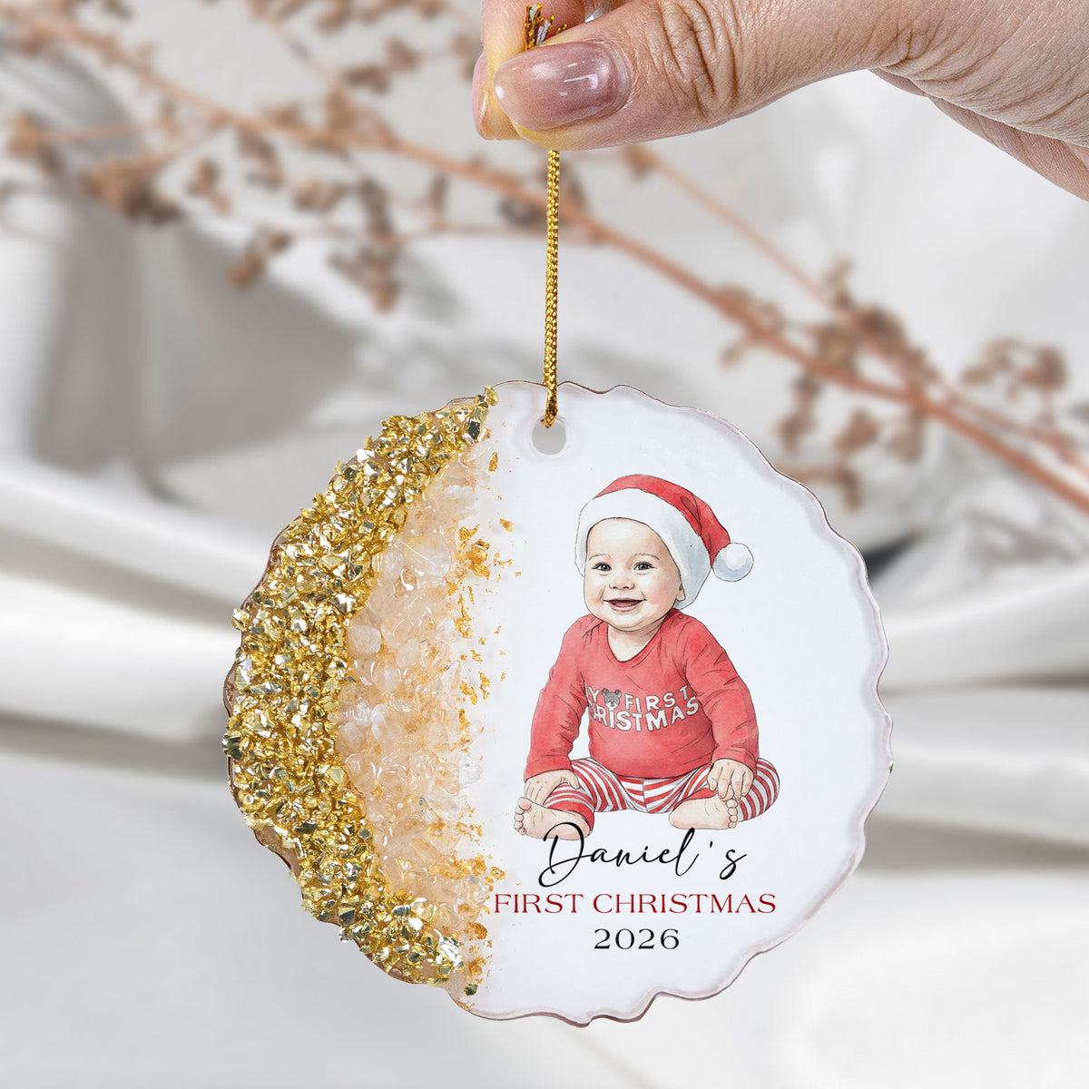 Baby First Christmas Custom Photo Watercolor Style Milestone Keepsake - Personalized Resin Ornament