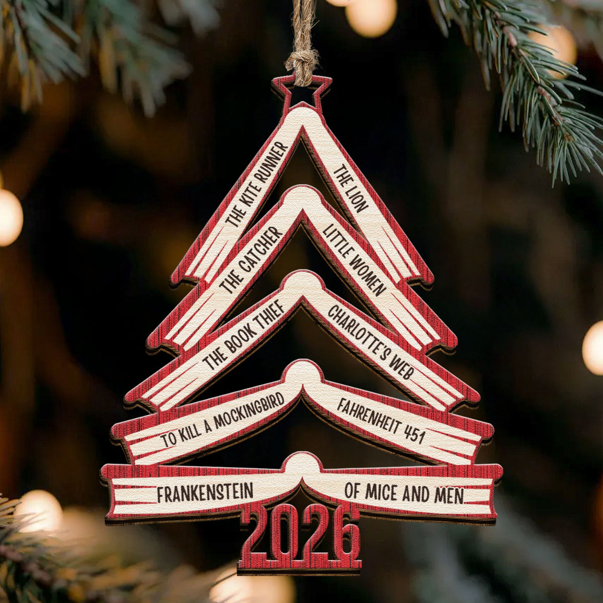 Book Names Christmas Tree 2026 - Personalized Wooden Ornament