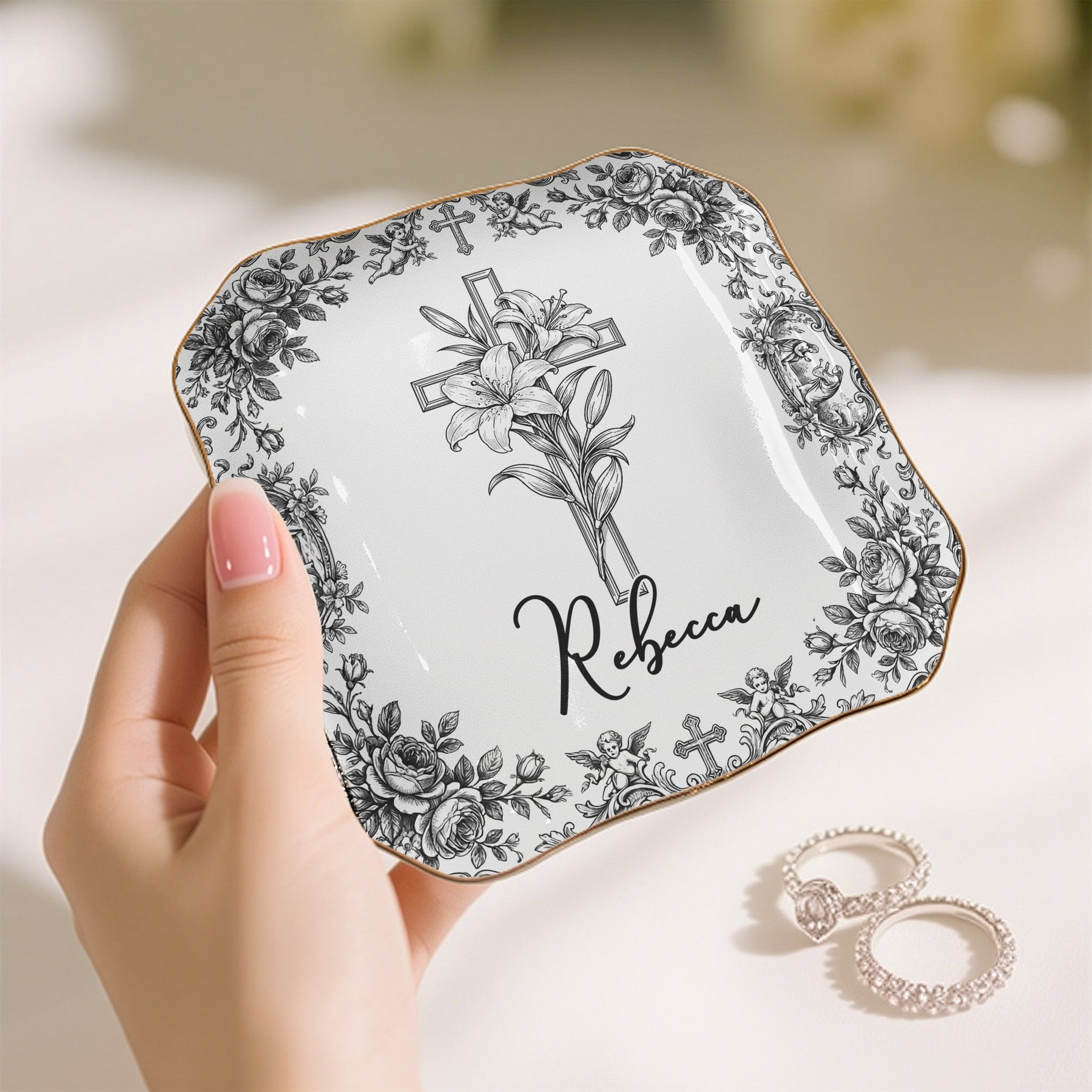 Christian Faith Symbols Toile De Jouy - Personalized Jewelry Dish