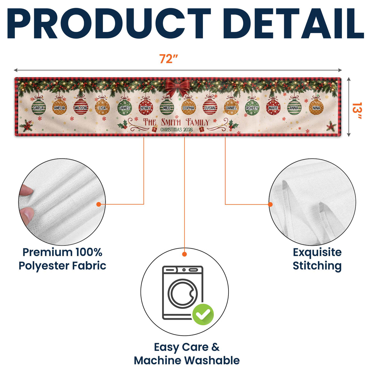 Christmas Together - Custom Family Name, Baubles Xmas Theme - Personalized Table Runner