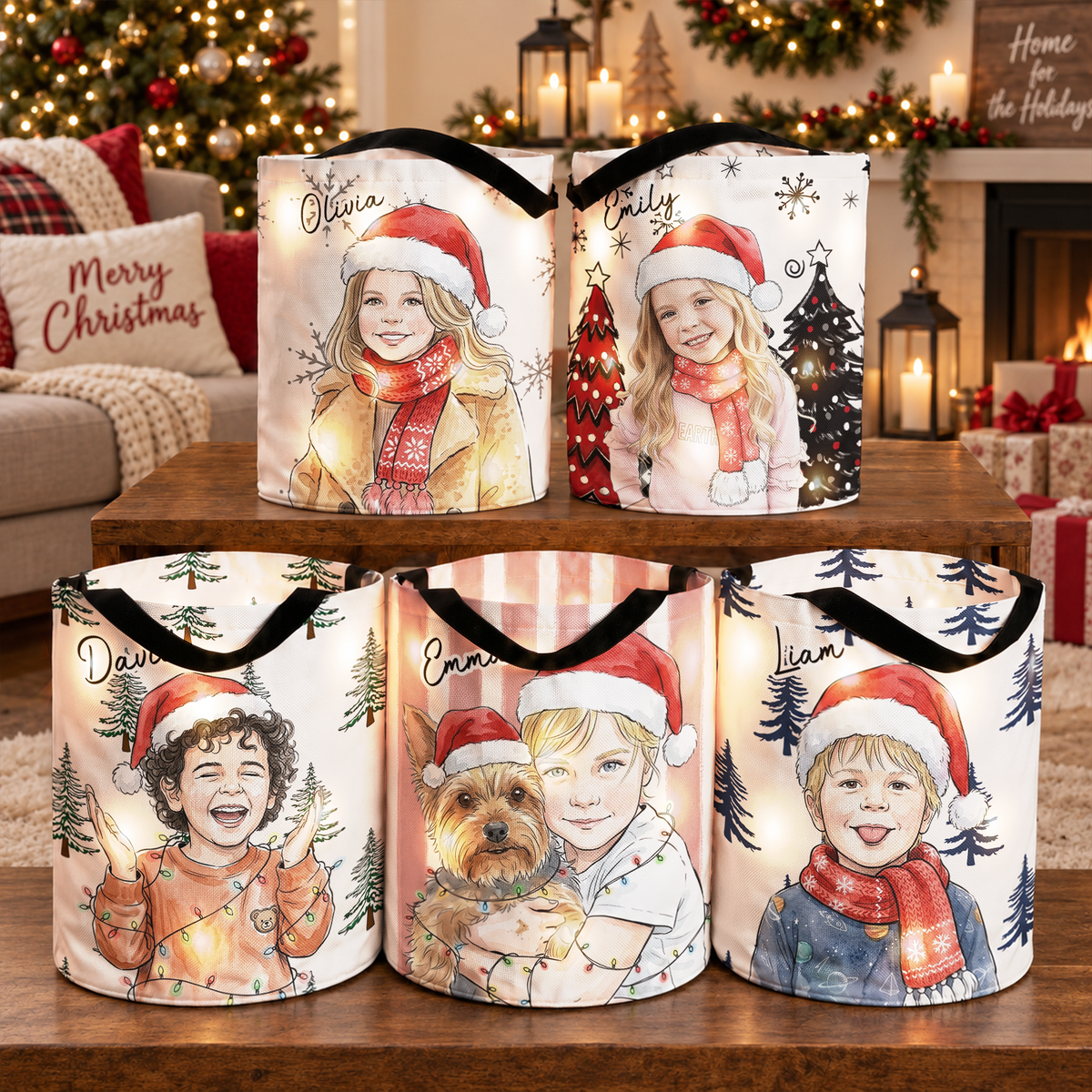 Christmas Basket Custom Photo Watercolor Art Gifts For Kids - Personalized Basket