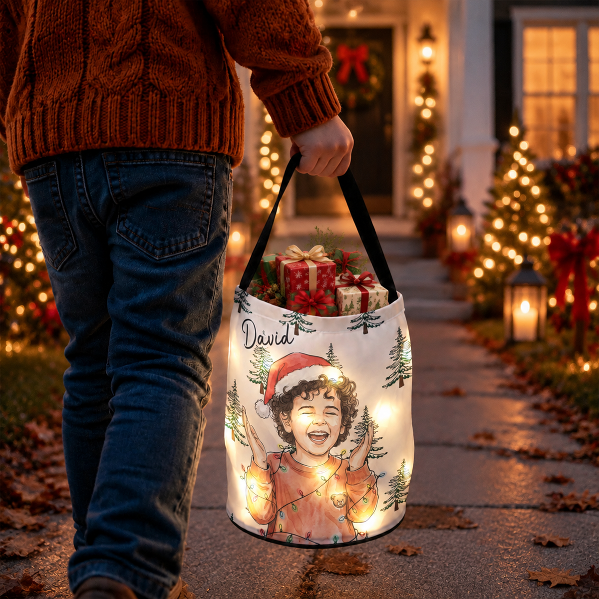 Christmas Basket Custom Photo Watercolor Art Gifts For Kids - Personalized Basket