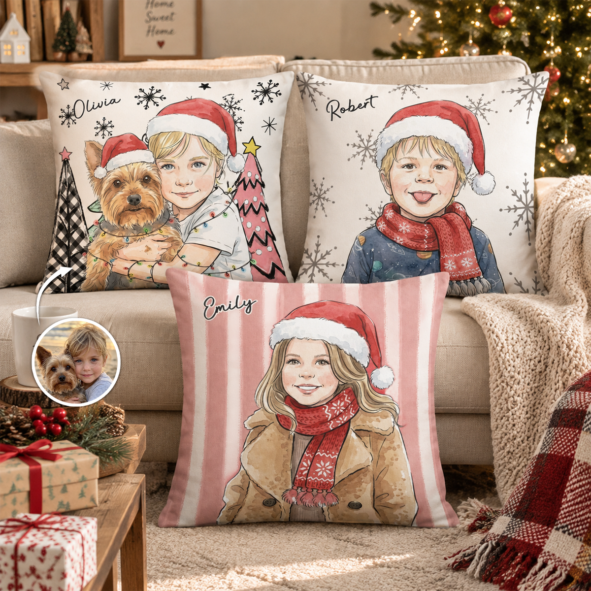 Christmas Gifts For Kids Custom Photo Watercolor Art - Personalized Pillow