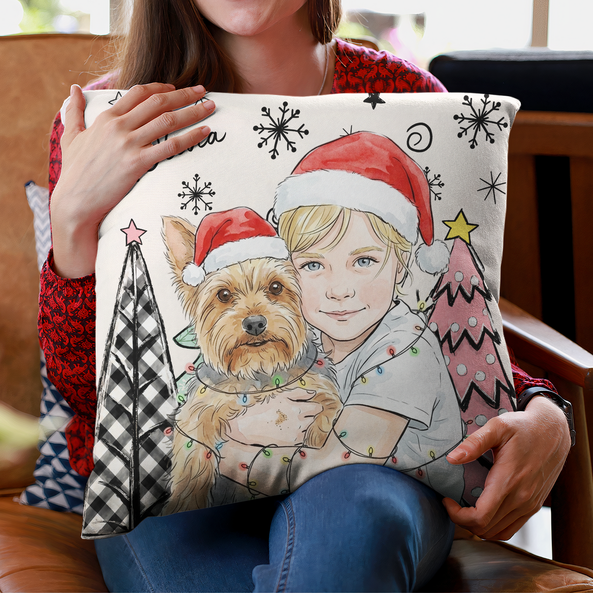 Christmas Gifts For Kids Custom Photo Watercolor Art - Personalized Pillow