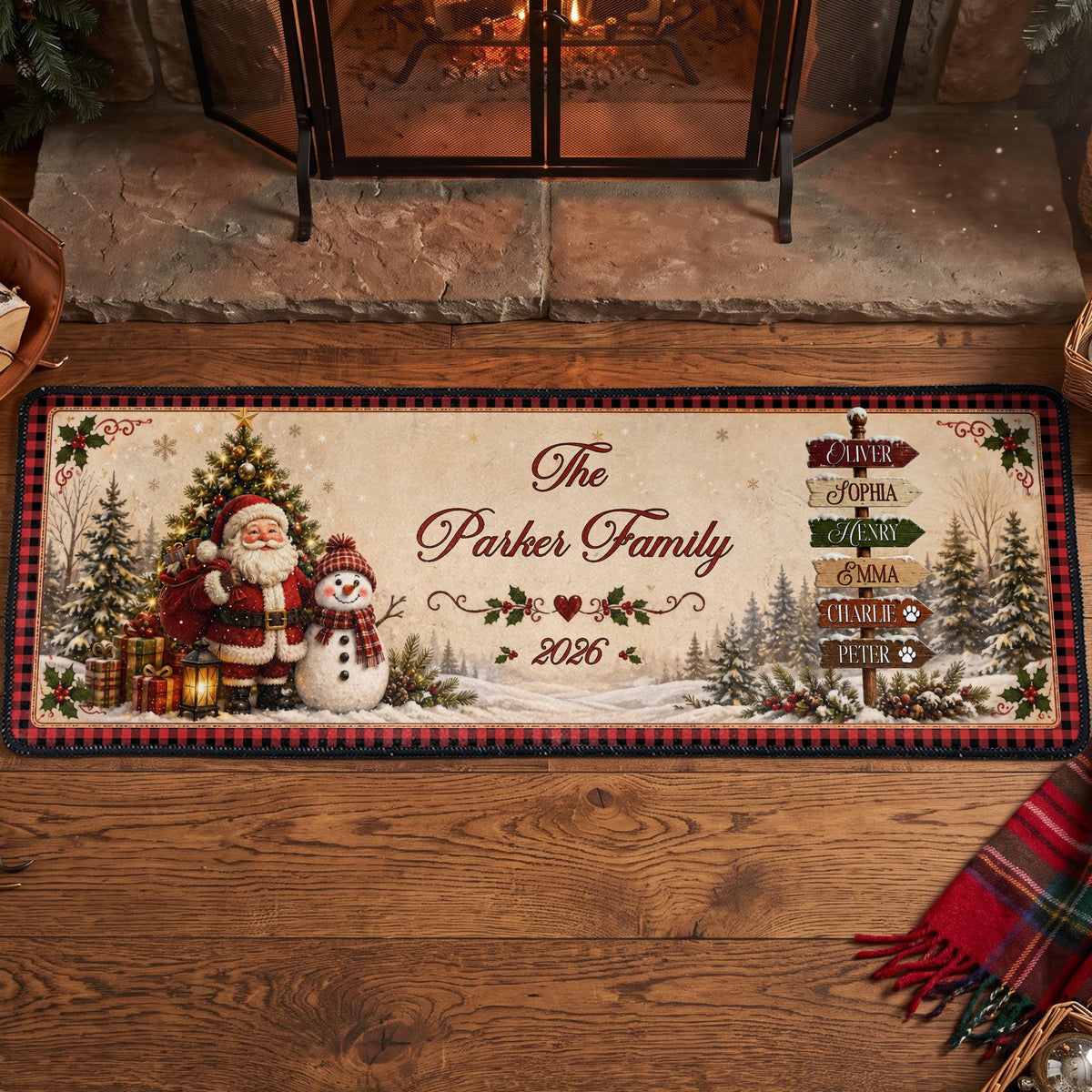 Christmas Santa & Snowman Festive - Custom Family Name - Personalized Runner Rug