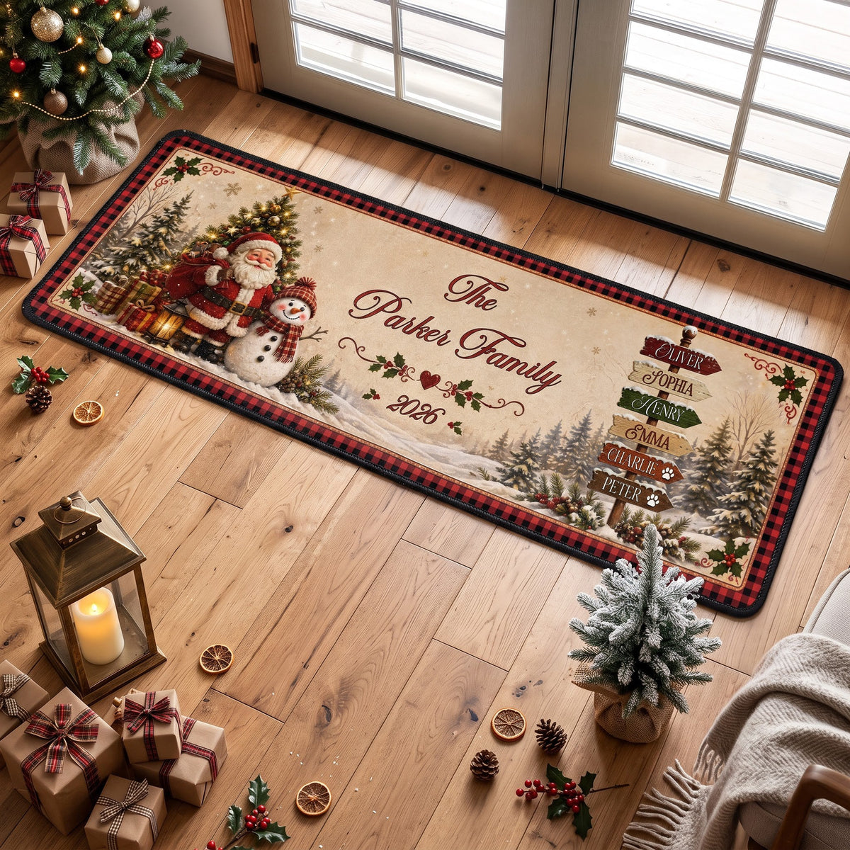 Christmas Santa & Snowman Festive - Custom Family Name - Personalized Runner Rug