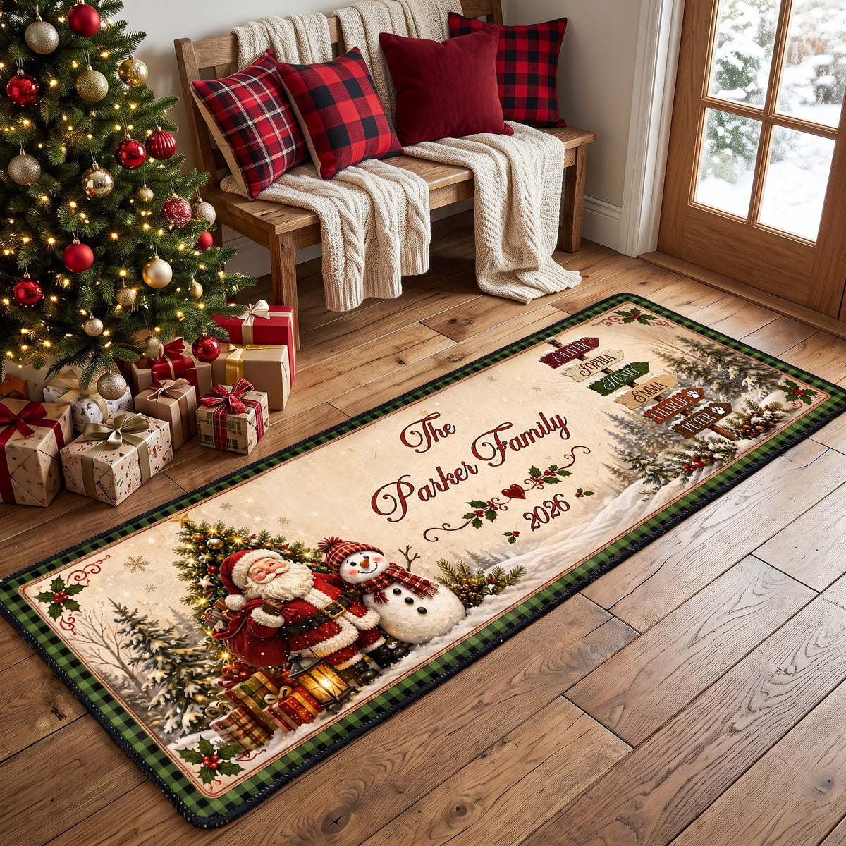 Christmas Santa & Snowman Festive - Custom Family Name - Personalized Runner Rug