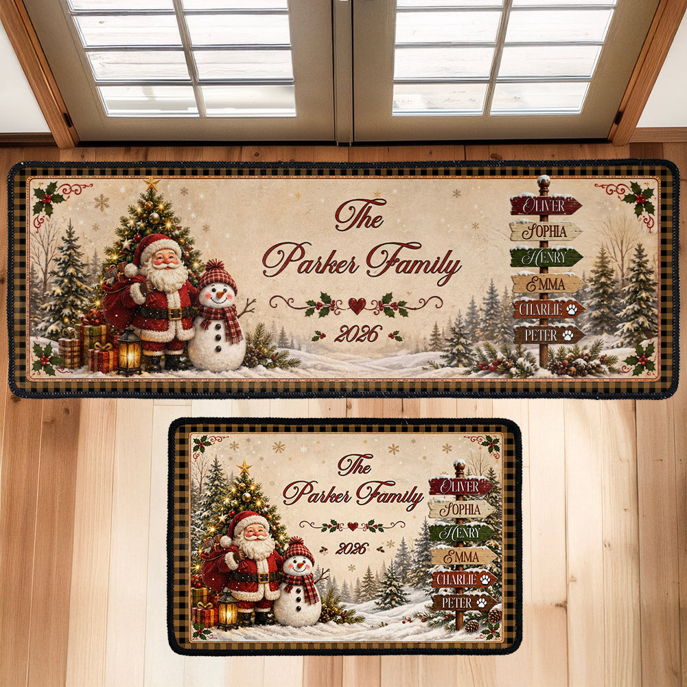 Christmas Santa & Snowman Festive - Custom Family Name - Personalized Runner Rug