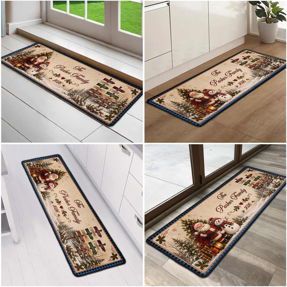 Christmas Santa & Snowman Festive - Custom Family Name - Personalized Runner Rug