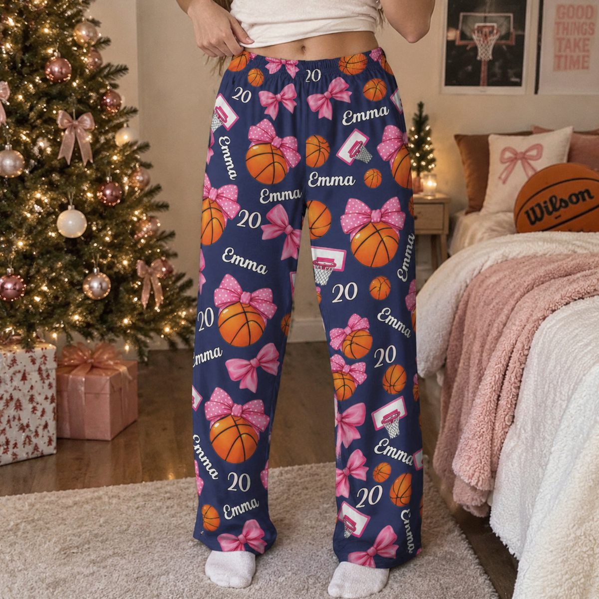 Coquette Bow Basketball Custom Name, Number Gift For Basketball Player, Basketball Team - Personalized Lounge Pants
