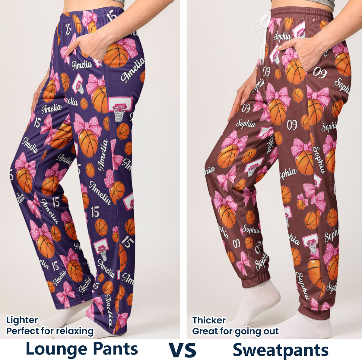 Coquette Bow Basketball Custom Name, Number Gift For Basketball Player, Basketball Team - Personalized Lounge Pants