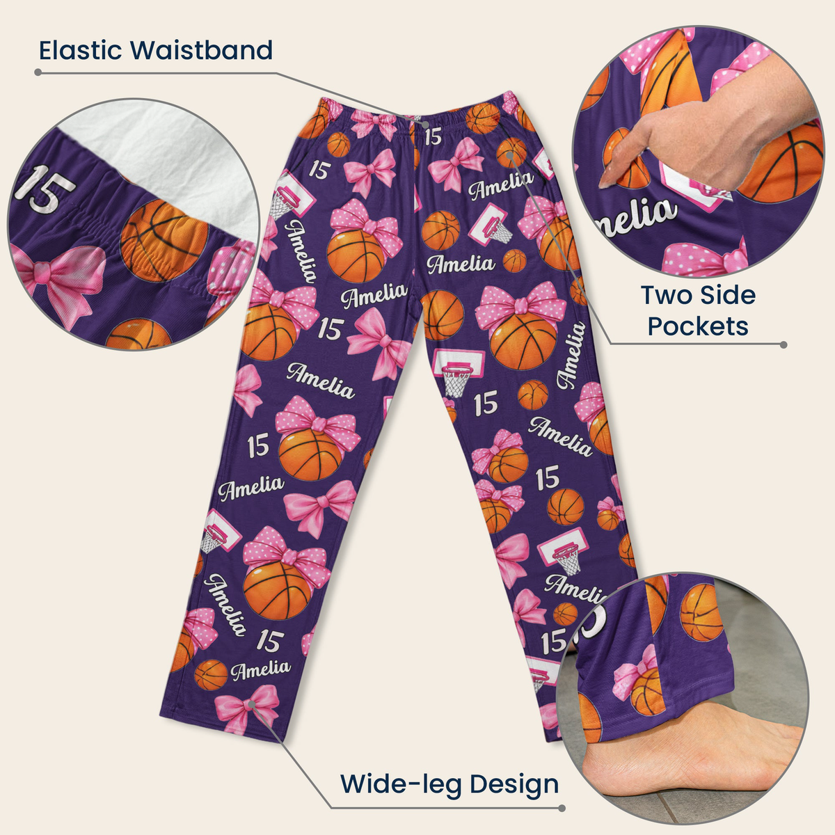 Coquette Bow Basketball Custom Name, Number Gift For Basketball Player, Basketball Team - Personalized Lounge Pants